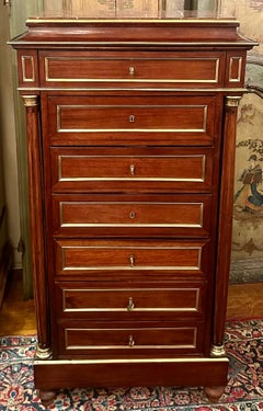 Antique French Brass Inlaid Mahogany Semainier Chest, Circa 1880.