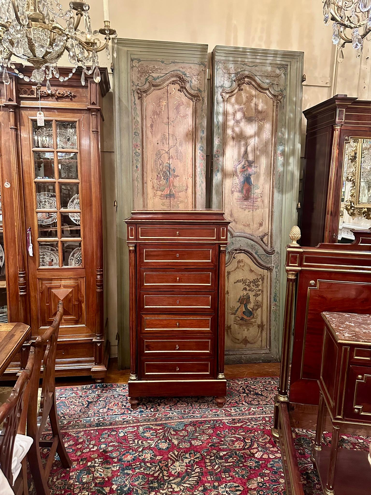 Antique French Brass Inlaid Mahogany Semainier Chest, Circa 1880. For Sale 1