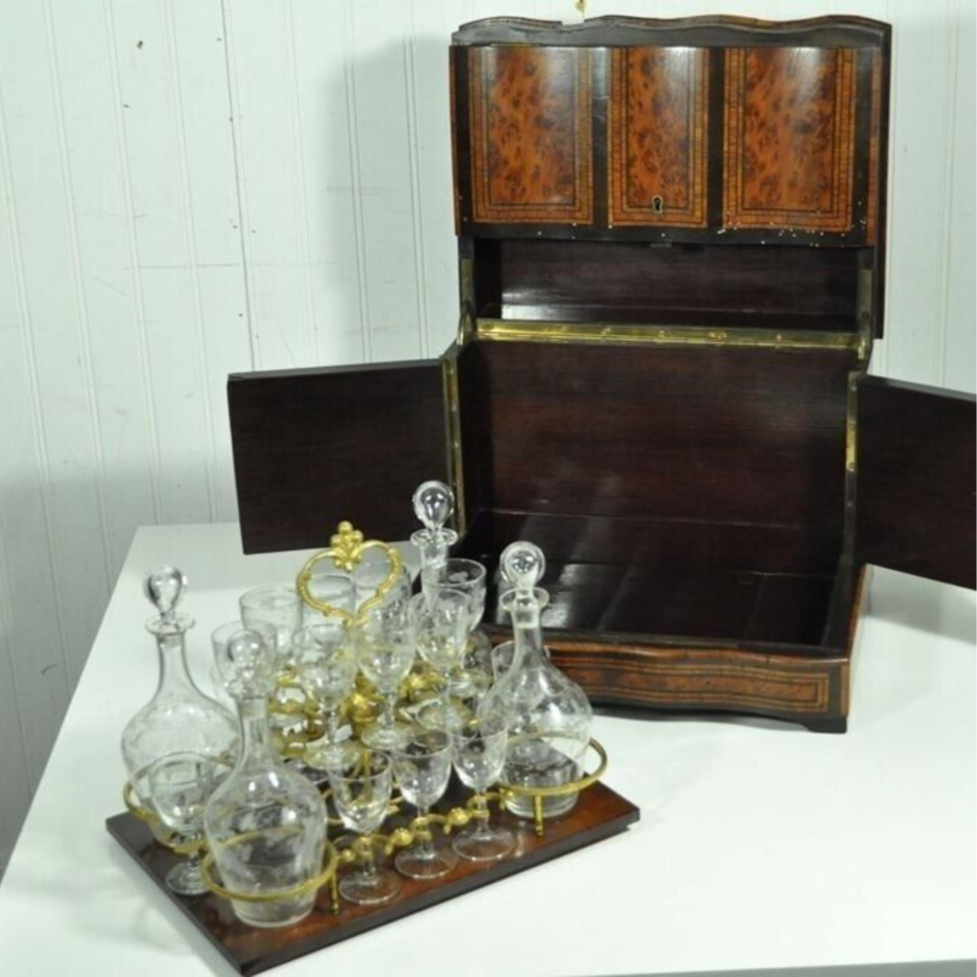 French Provincial Antique French Brass Inlay Tantalus Box Cordial Decanter Set Liquor Cabinet For Sale
