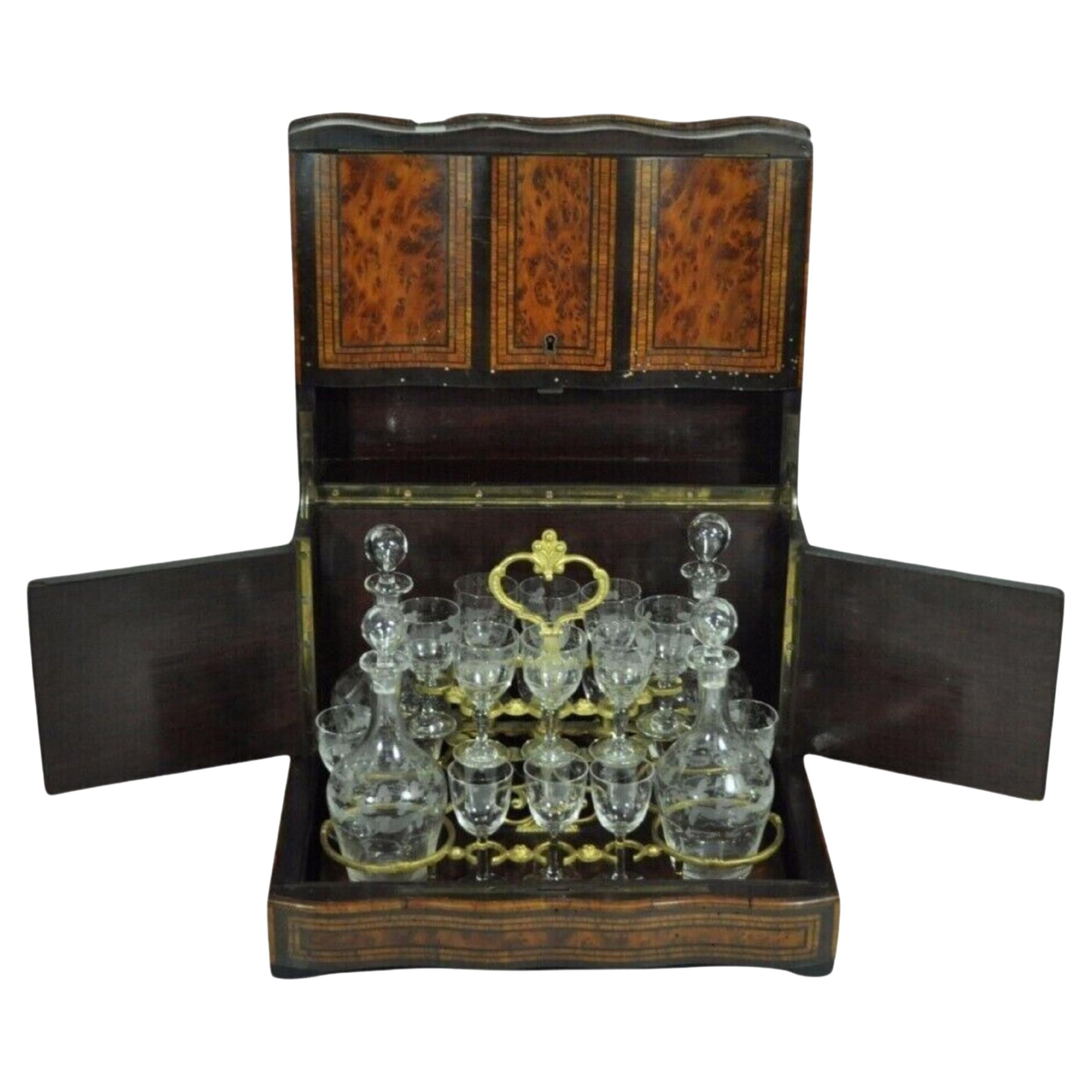 Antique French Brass Inlay Tantalus Box Cordial Decanter Set Liquor Cabinet
