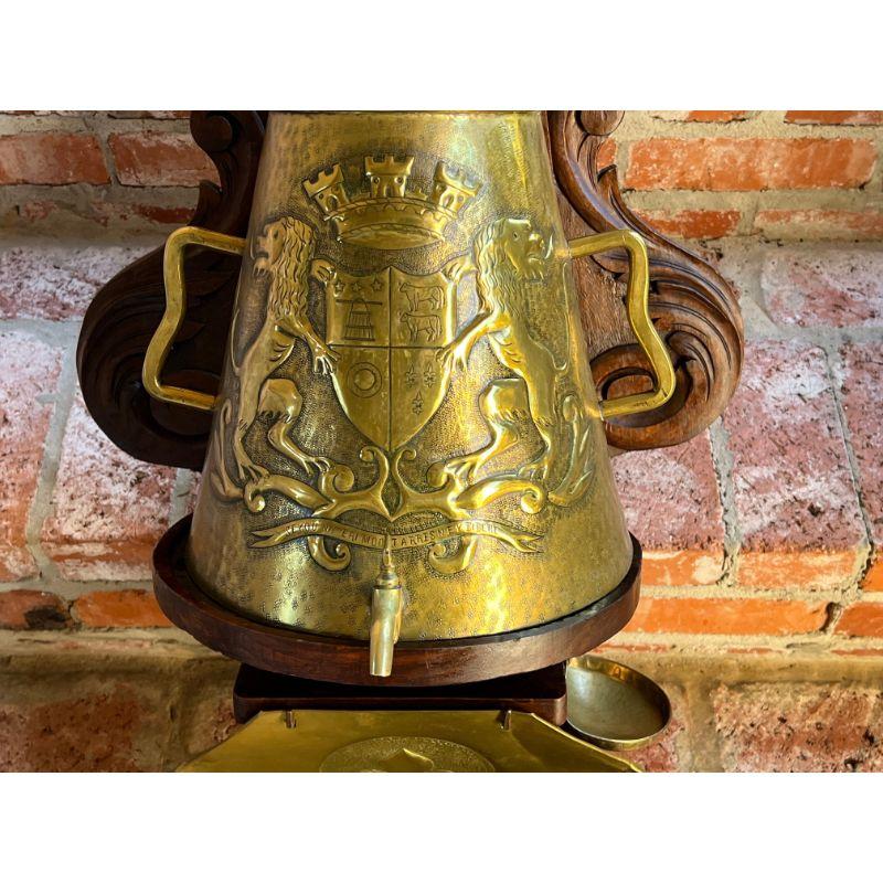 French Provincial Antique French Brass Lavabo Fountain Carved Oak Wall Mount Crest Catholic Mass