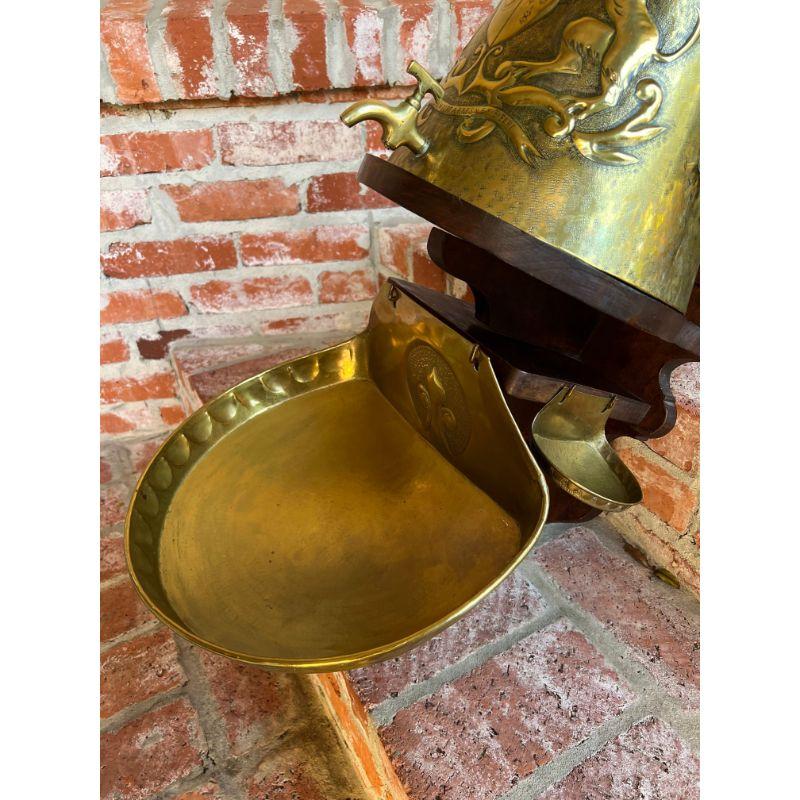 Late 19th Century Antique French Brass Lavabo Fountain Carved Oak Wall Mount Crest Catholic Mass