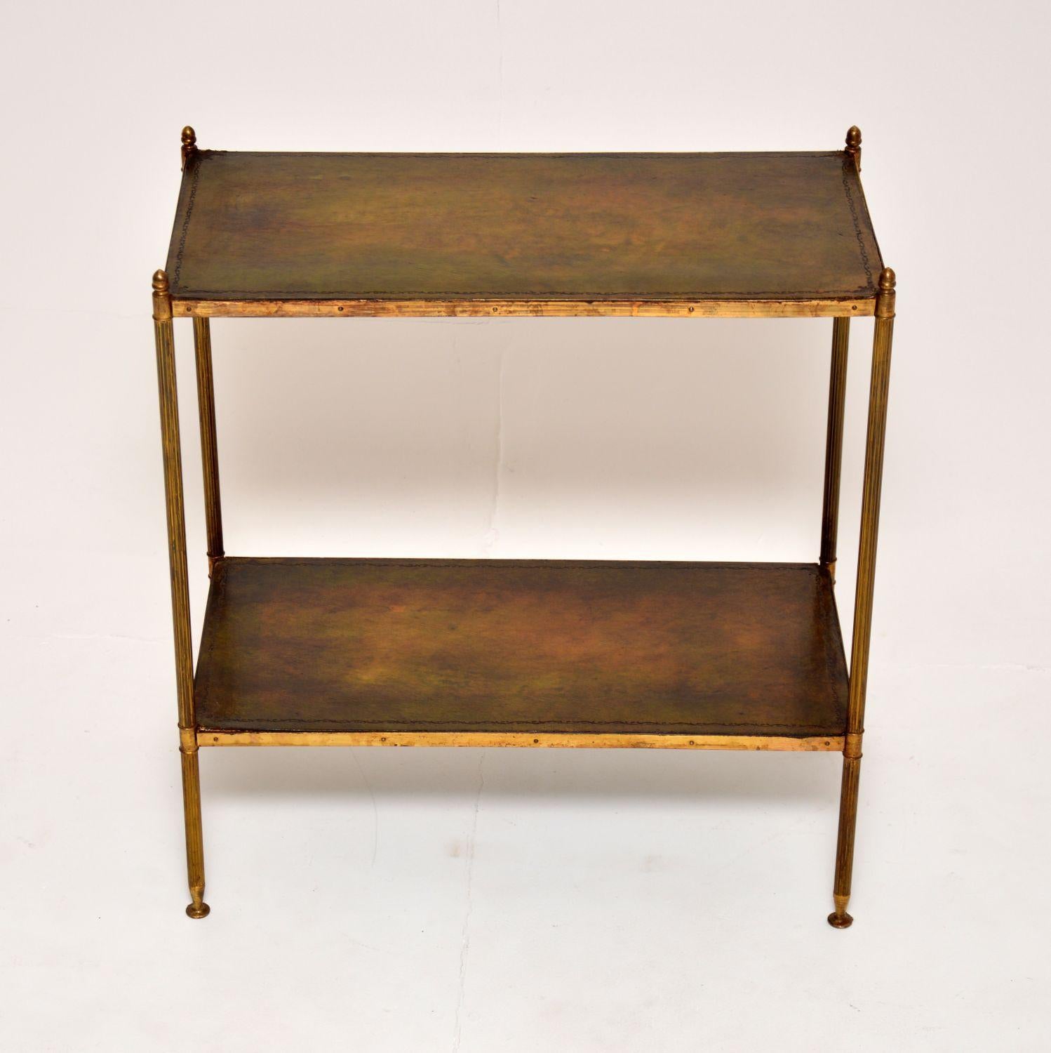 Neoclassical Antique French Brass & Leather Side Table / Etagere