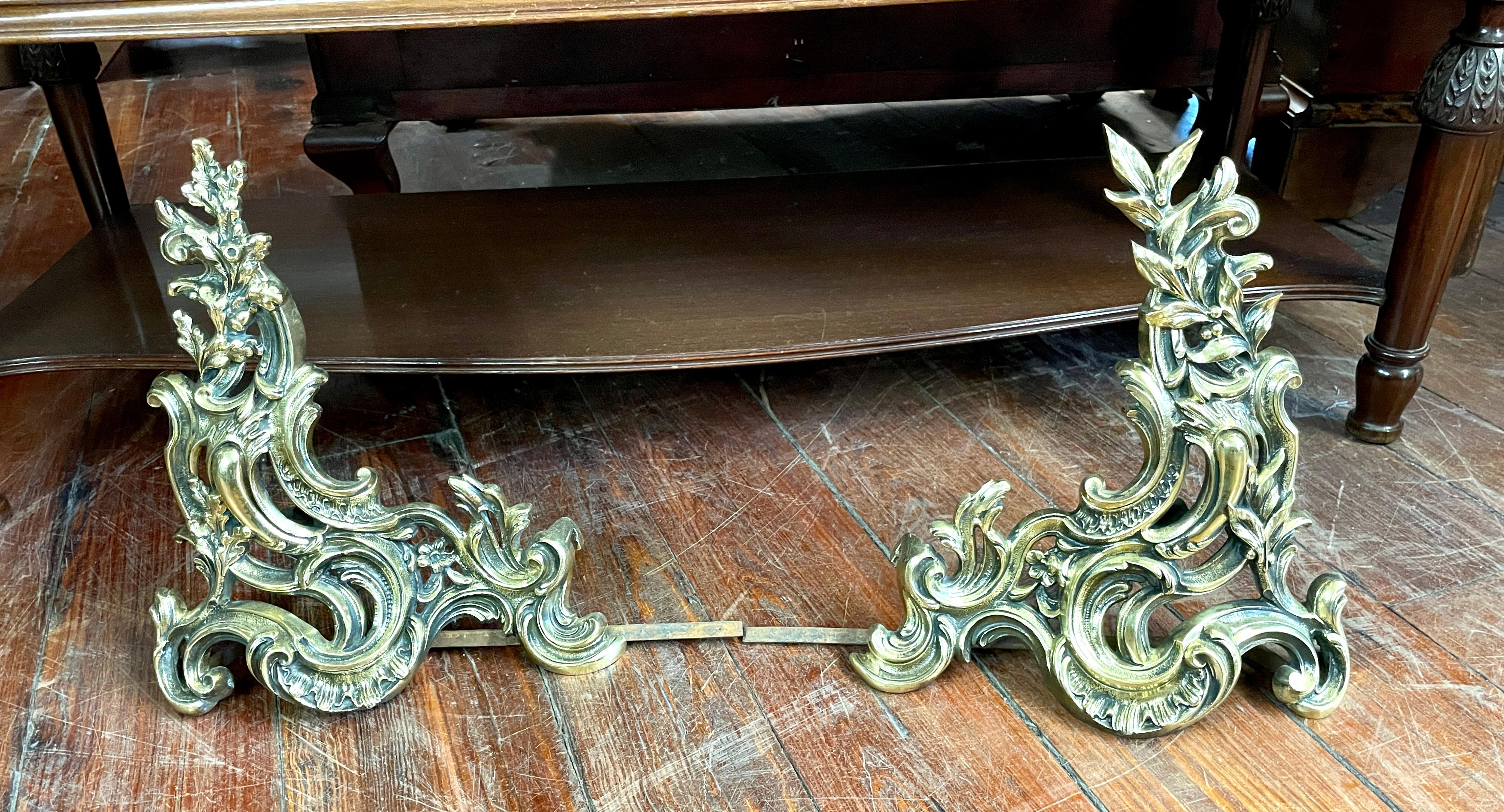 Mid-19th Century Antique French Brass Louis XV Style Rococo Expandable Fireplace Chenet For Sale