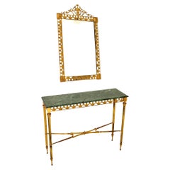 Antique French Brass & Marble Console Table with Mirror