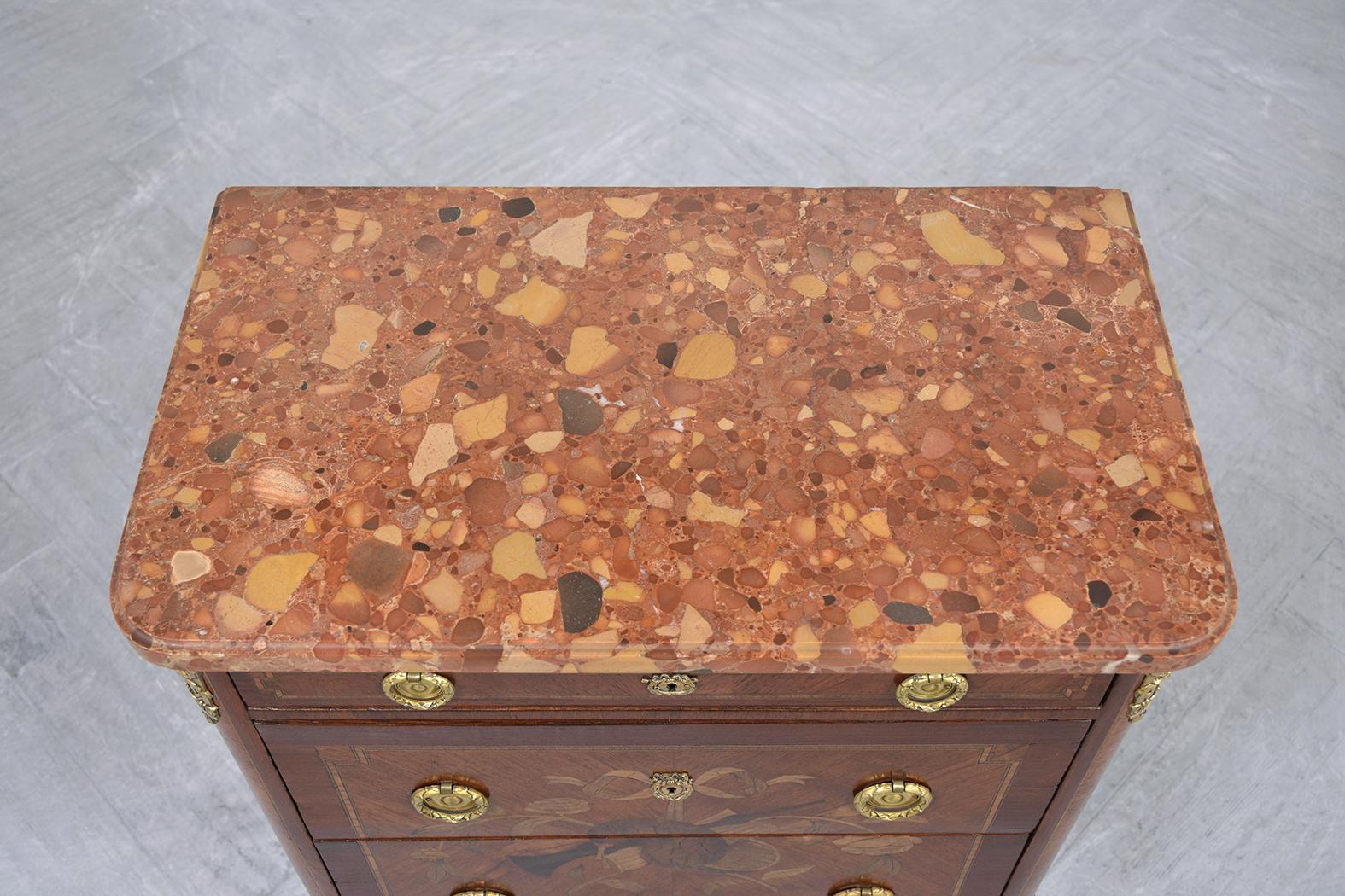 Restored Antique Louis XVI Mahogany Marble Top Commode with Brass Handles In Good Condition For Sale In Los Angeles, CA