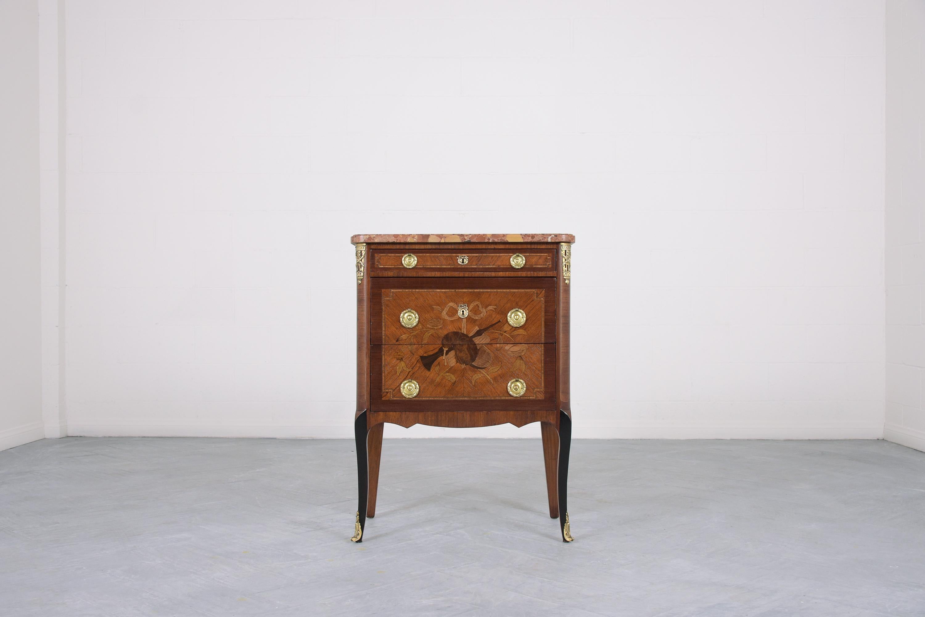 French Restored Antique Louis XVI Mahogany Marble Top Commode with Brass Handles For Sale