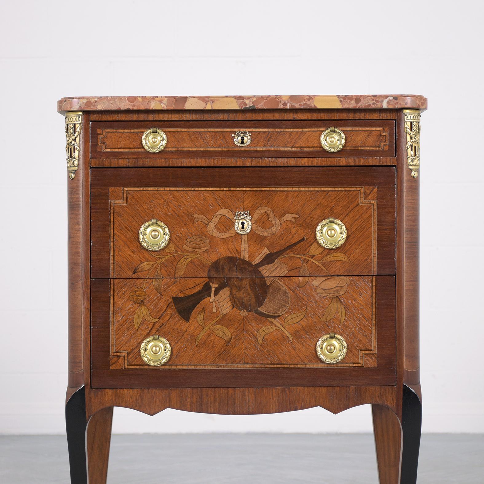 Patinated Restored Antique Louis XVI Mahogany Marble Top Commode with Brass Handles For Sale