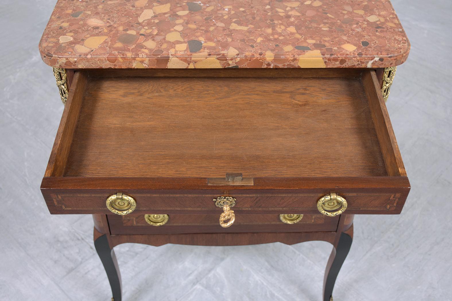 Restored Antique Louis XVI Mahogany Marble Top Commode with Brass Handles For Sale 1