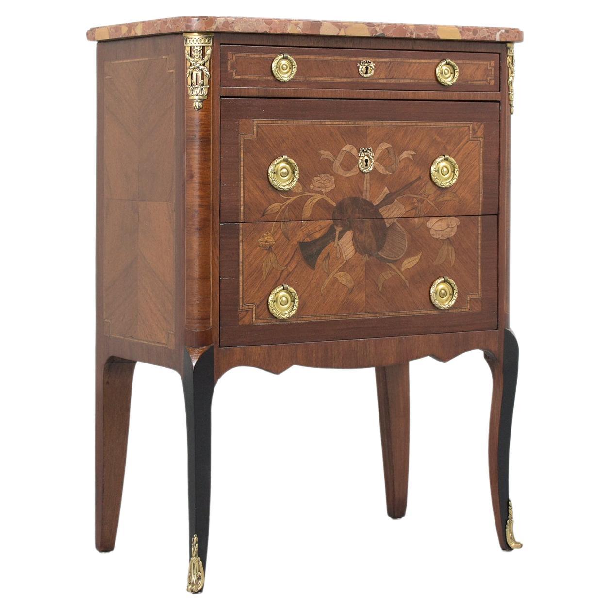 Restored Antique Louis XVI Mahogany Marble Top Commode with Brass Handles For Sale