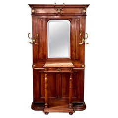 Antique French Brass Mounted Carved Walnut Porte Monteau Hall Tree, Circa 1875.
