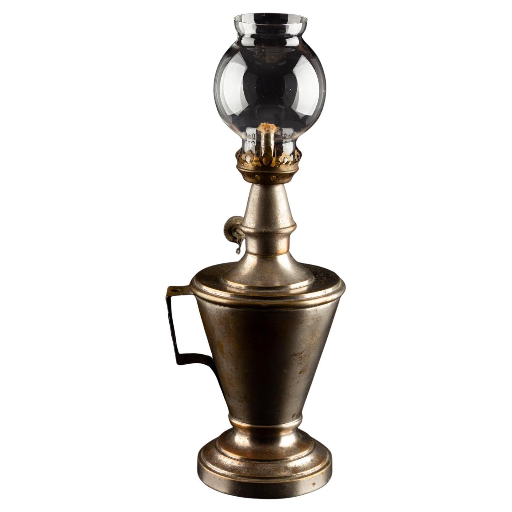 Antigua lámpara de aceite de paloma francesa de latón niquelado, S. XIX