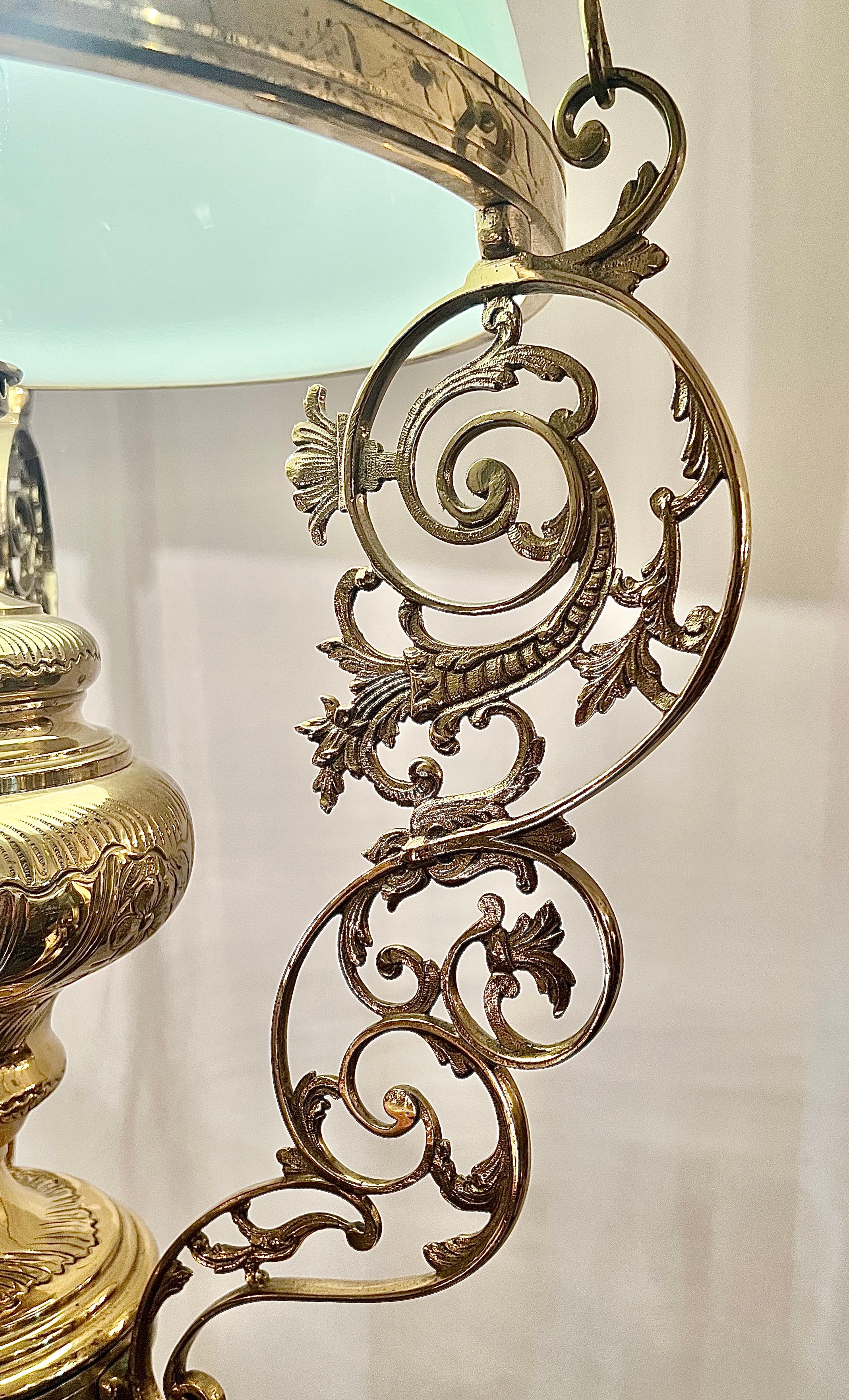 Antique French Brass & Opaline Glass Oil Light Suspension Lantern, Circa 1880. For Sale 1