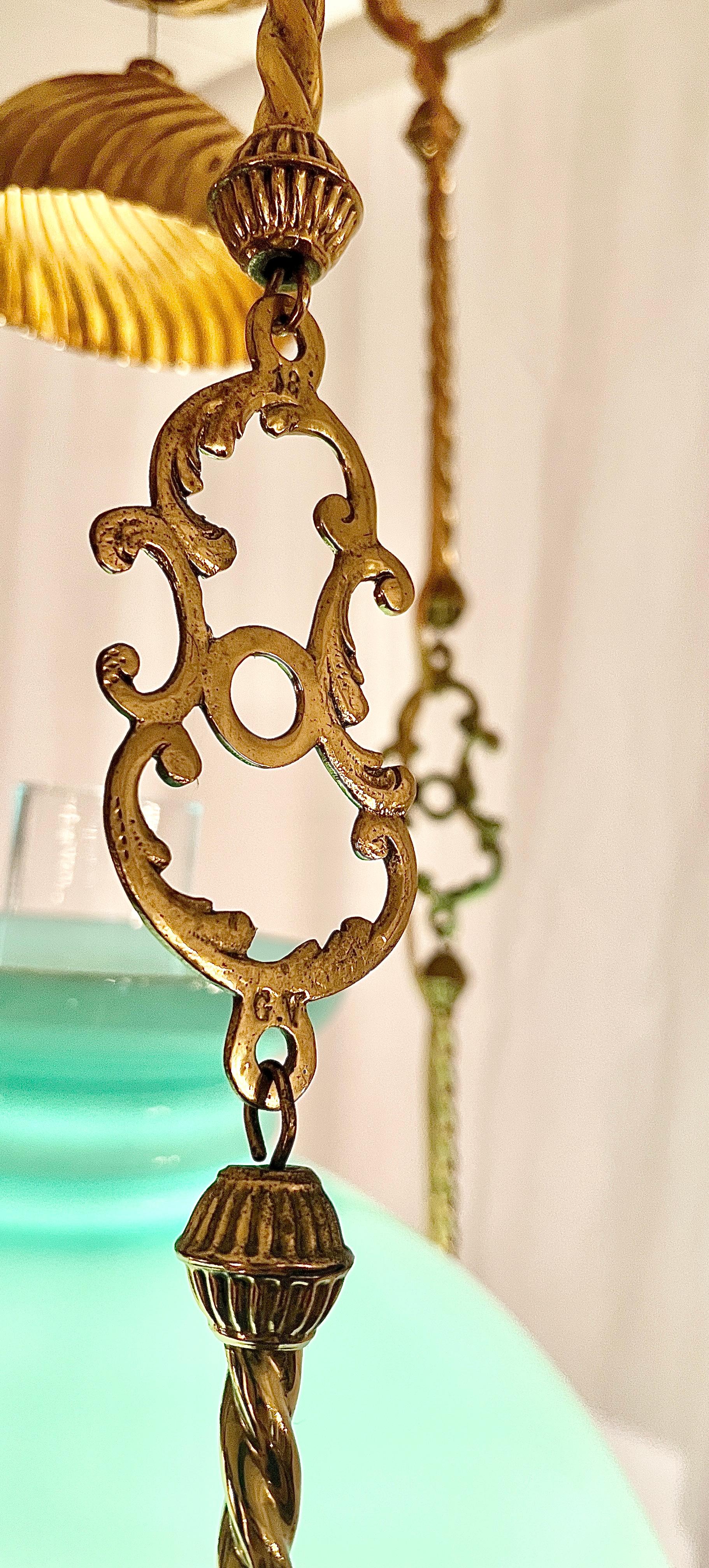 Antique French Brass & Opaline Glass Oil Light Suspension Lantern, Circa 1880. For Sale 2