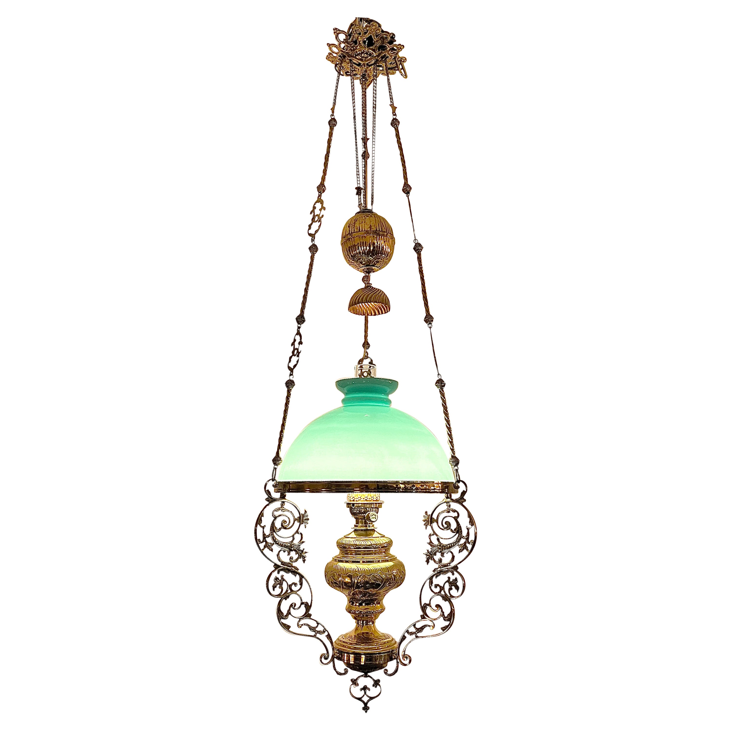 Antique French Brass & Opaline Glass Oil Light Suspension Lantern, Circa 1880.