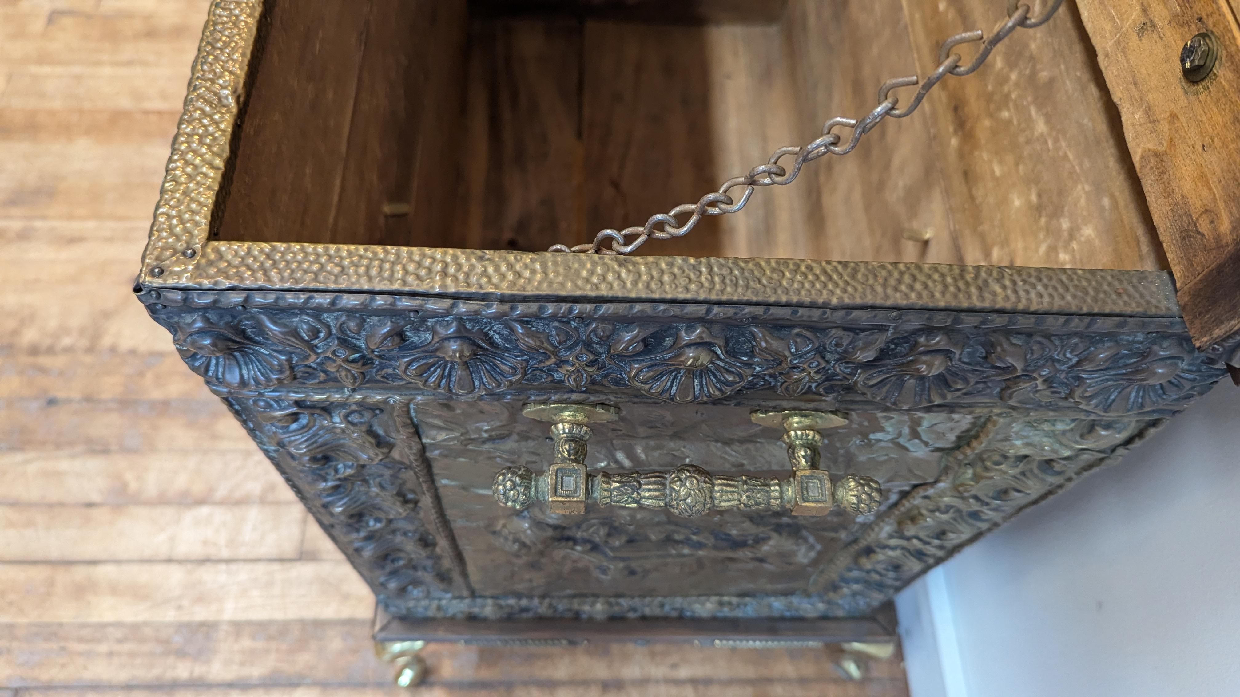 Antique French Brass Repousse Firewood Box Adapted For Sale 6