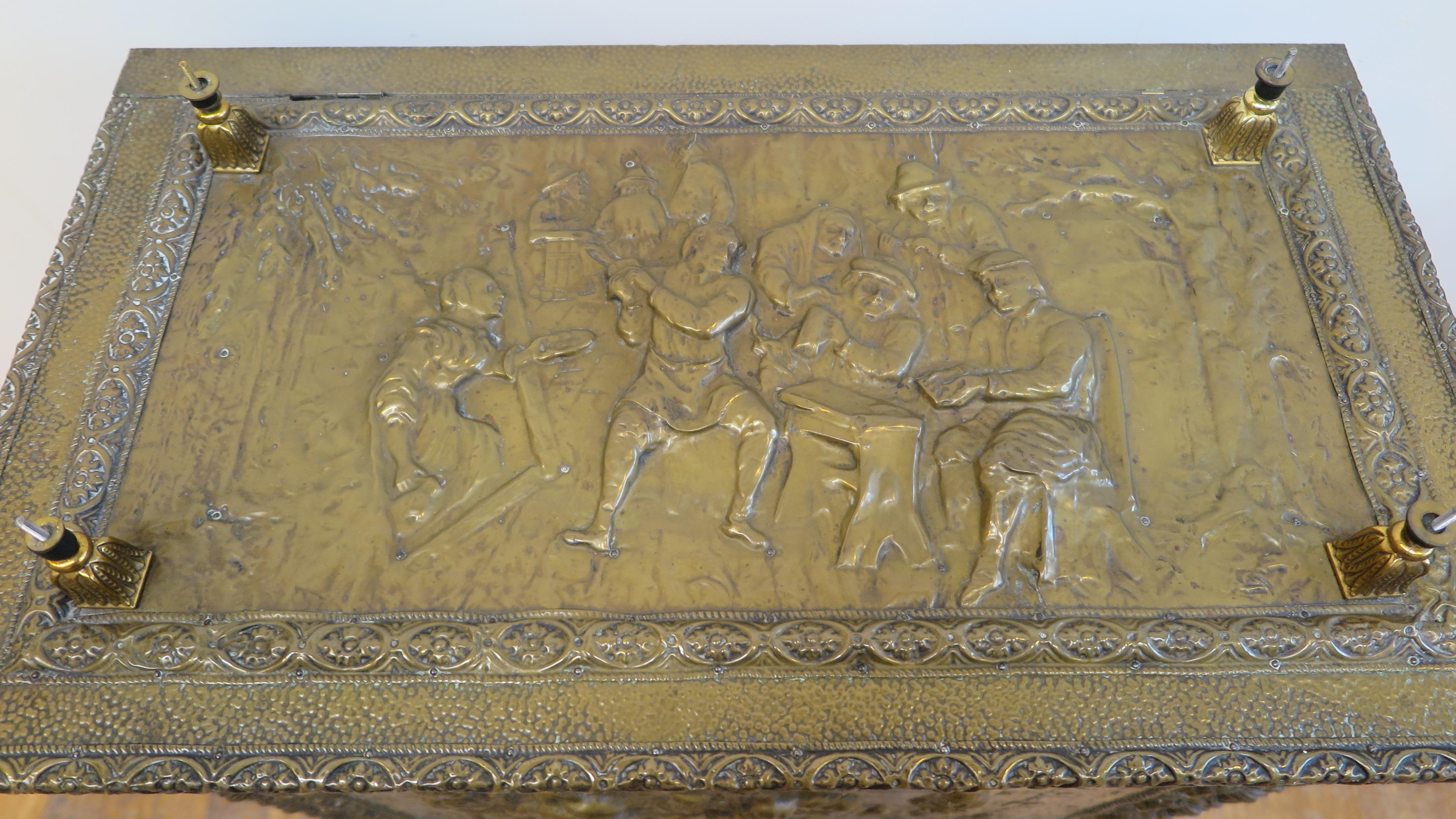 Embossed Antique French Brass Repousse Firewood Box Adapted For Sale