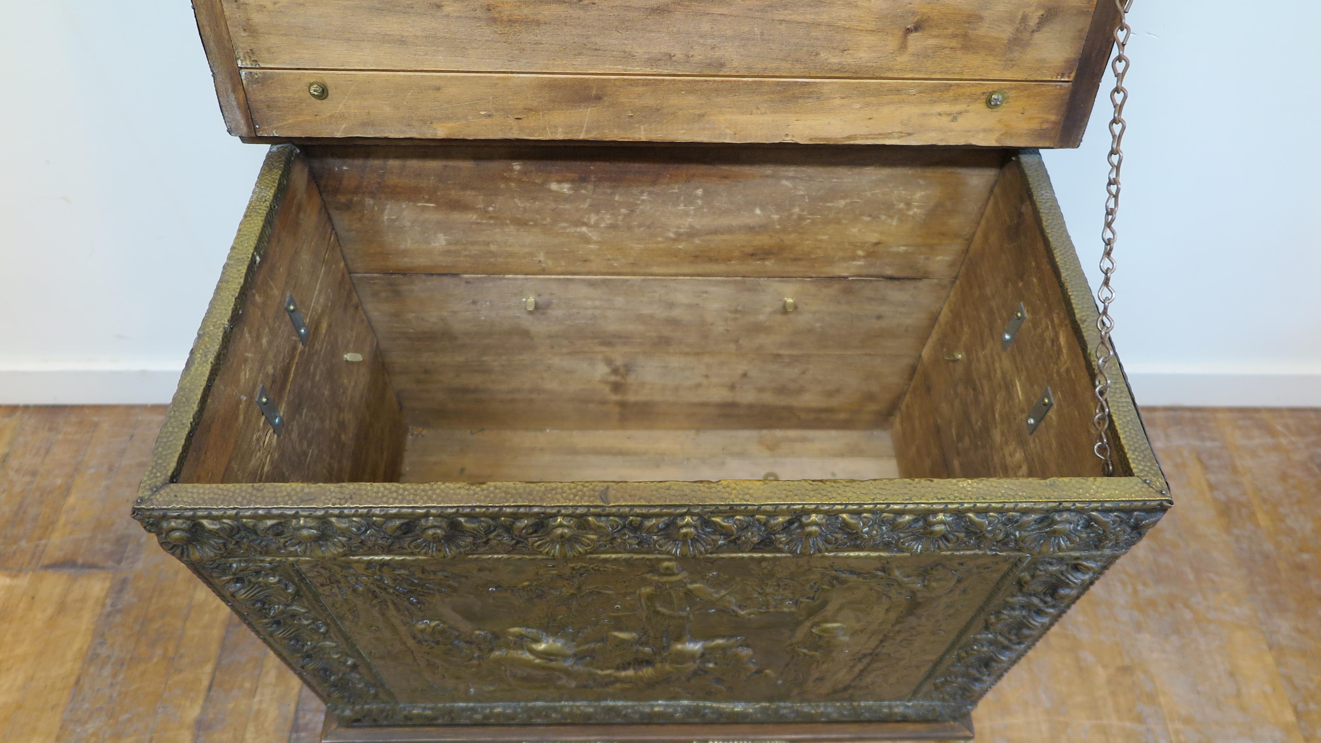 Early 20th Century Antique French Brass Repousse Firewood Box Adapted For Sale