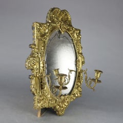 Antique French Brass Repousse Mirrored Candle Wall Sconce, circa 1880