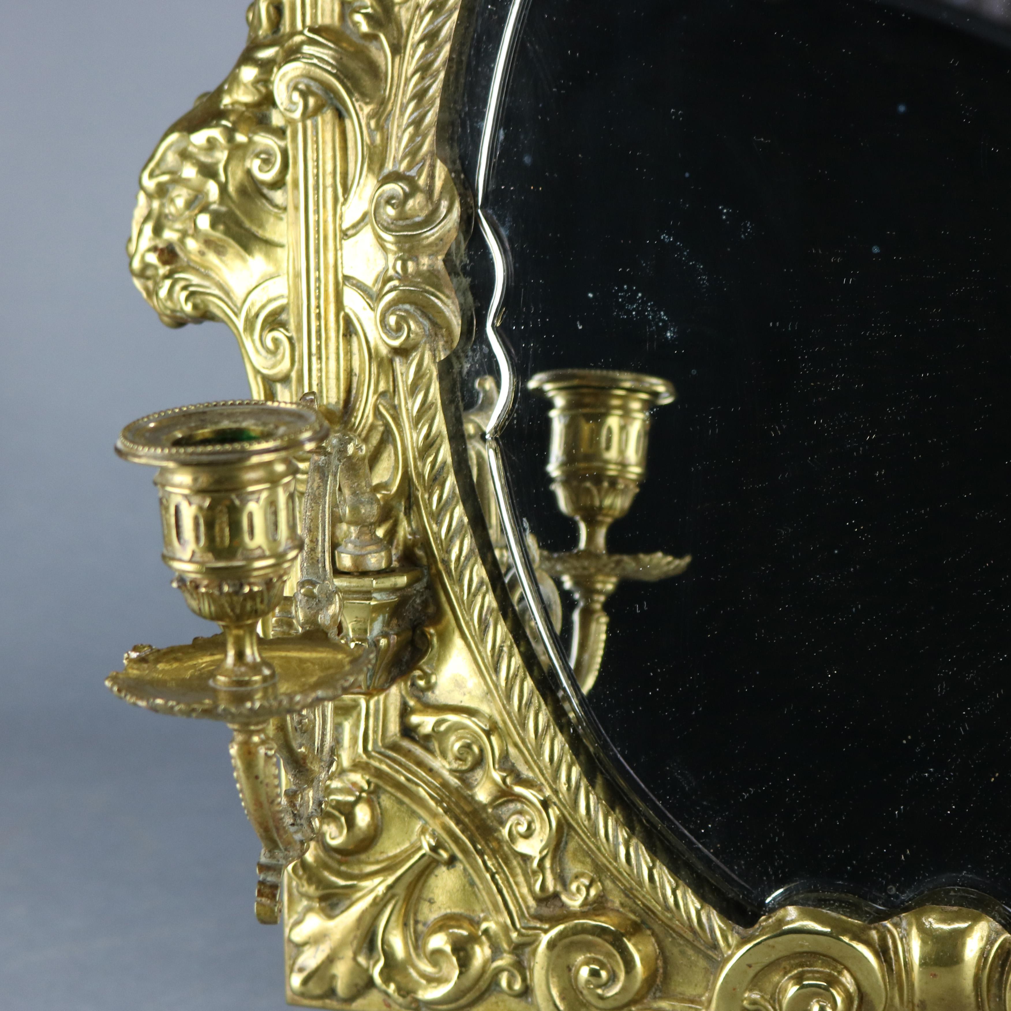 Antique French Brass Repousse Mirrored Candle Wall Sconce, circa 1880 1