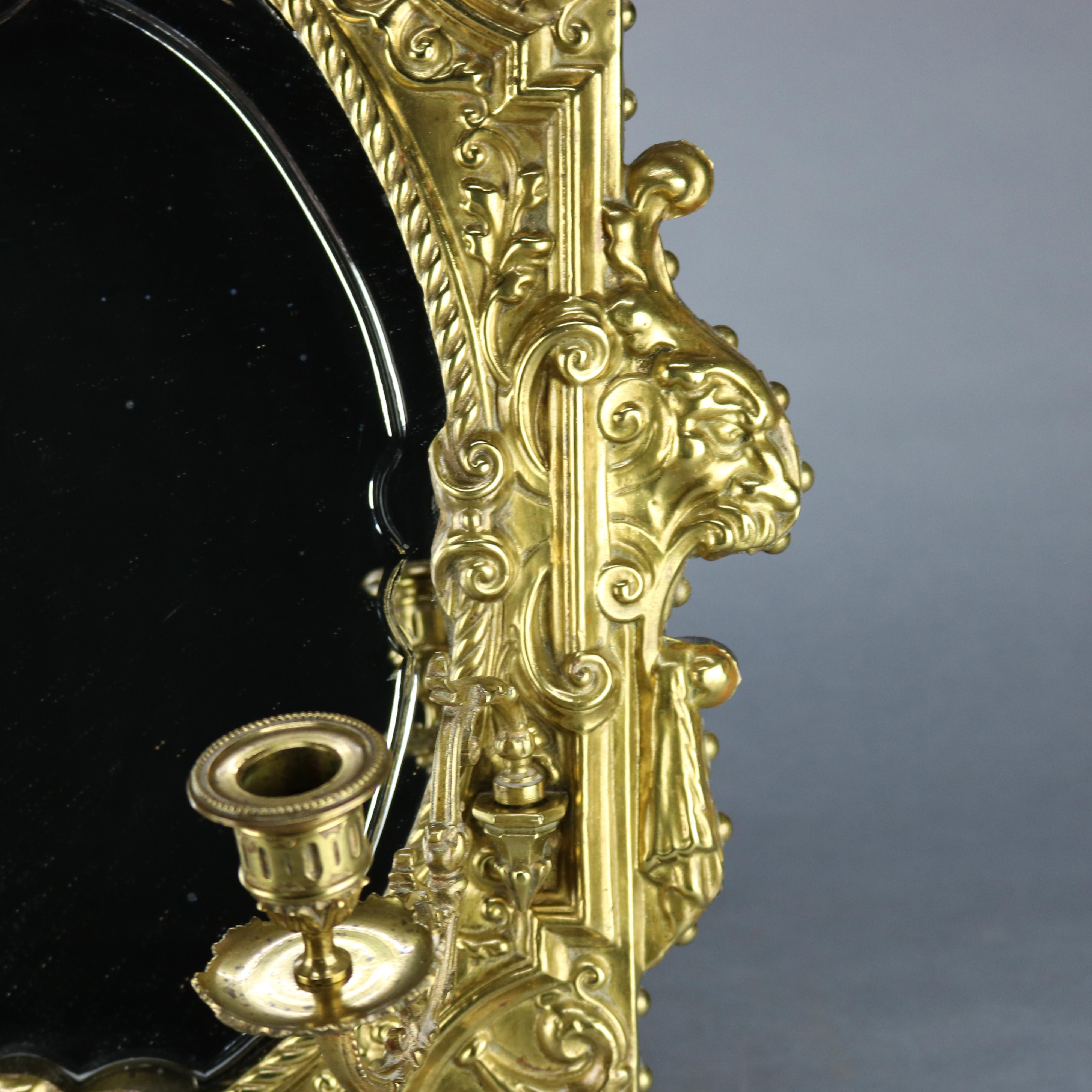 Antique French Brass Repousse Mirrored Candle Wall Sconce, circa 1880 2