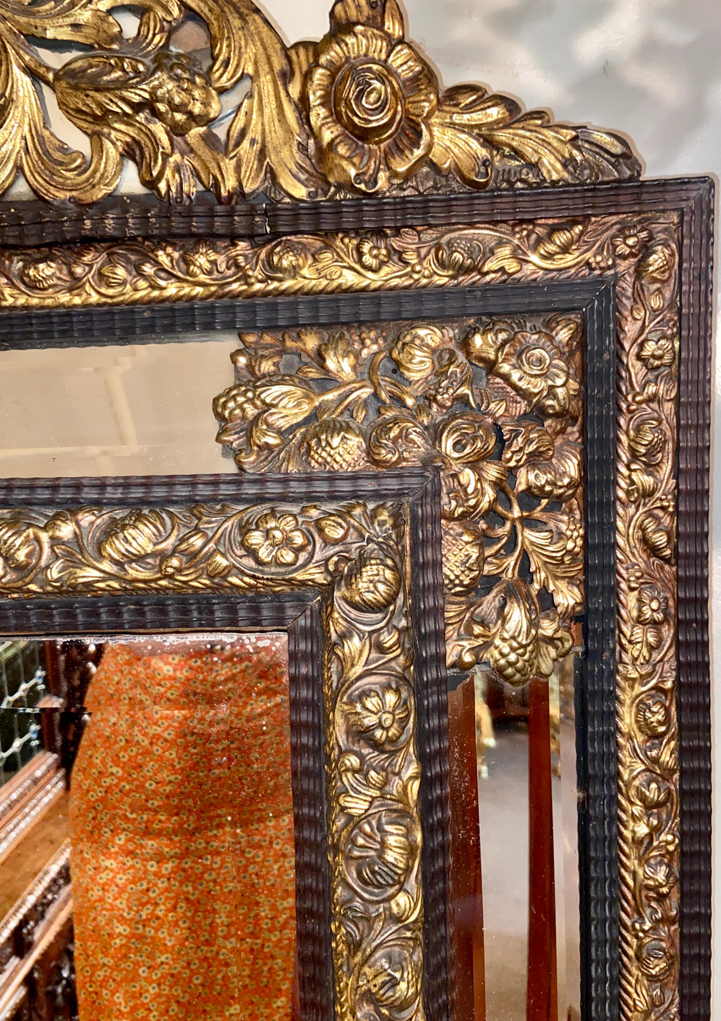 Antique French Brass Repoussé Paneled Mirror with Beveling, Circa 1860 In Good Condition For Sale In New Orleans, LA