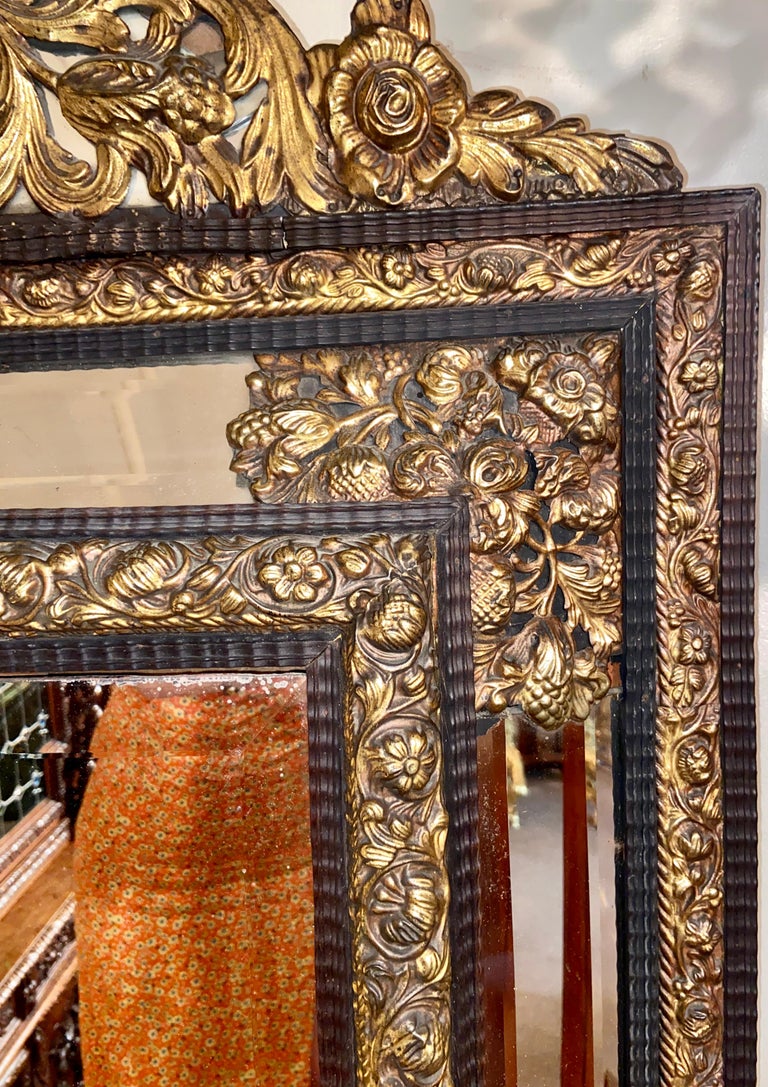 Antique French Brass Repoussé Paneled Mirror with Beveling, Circa 1860