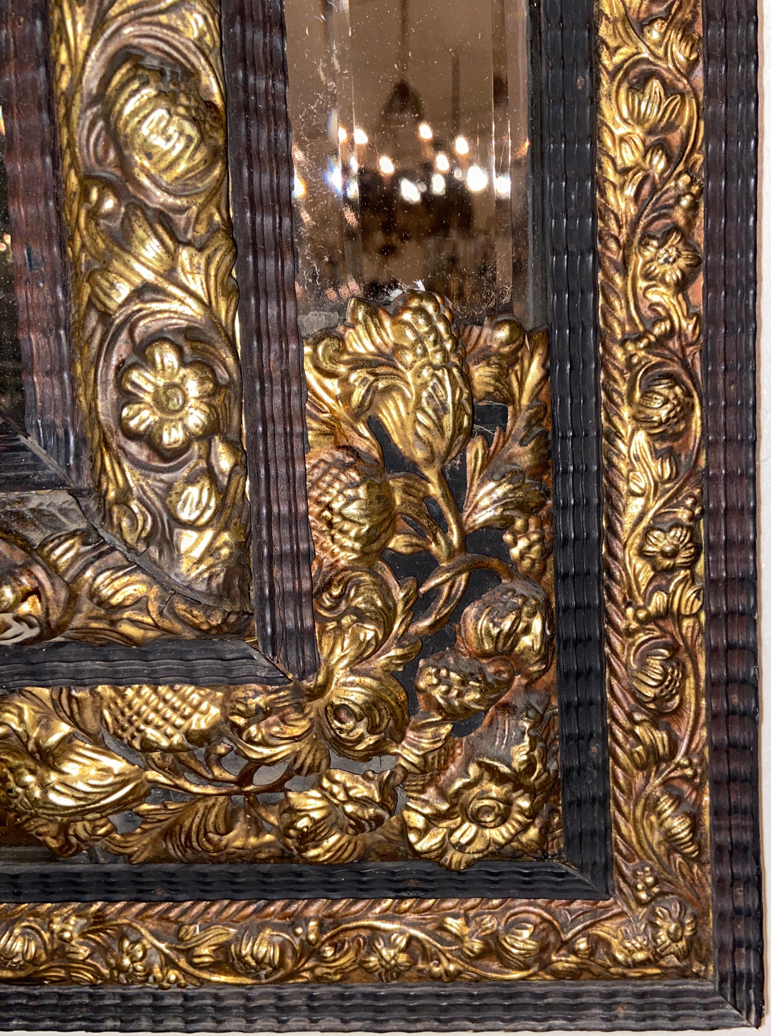 19th Century Antique French Brass Repoussé Paneled Mirror with Beveling, Circa 1860 For Sale