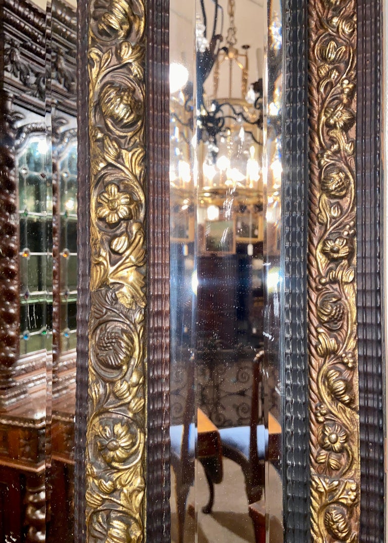 Antique French Brass Repoussé Paneled Mirror with Beveling, Circa 1860