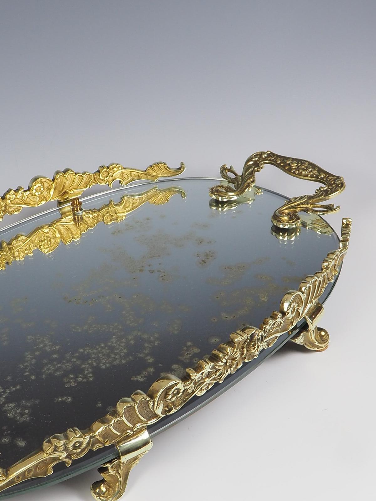 19th Century Antique French Brass Rococo Mirrored Tray For Sale