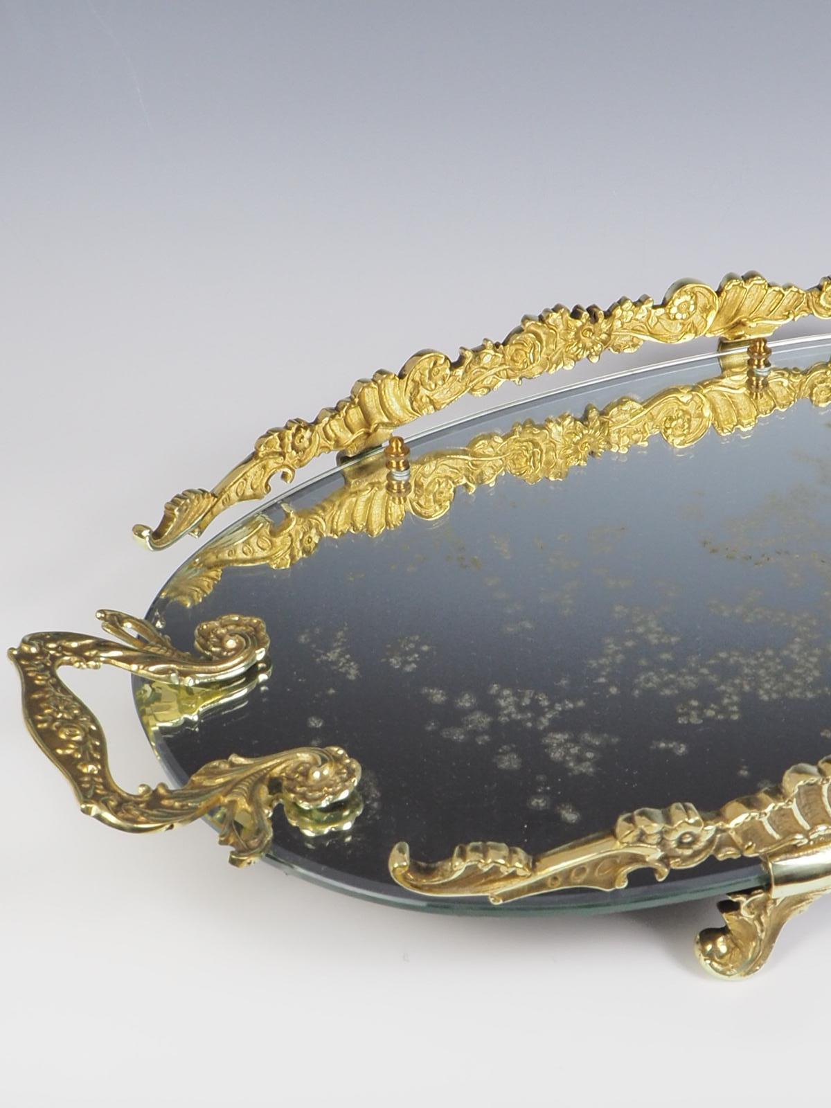 Antique French Brass Rococo Mirrored Tray For Sale 1