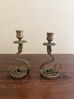 Antique French Brass Serpent Snake Candle Holders, Pair