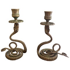 Antique French Brass Serpent Snake Candle Holders, Pair