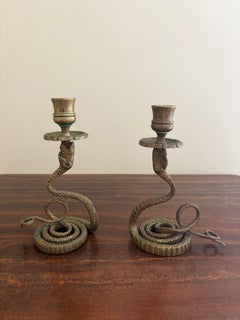 Antique French Brass Serpent Snake Candle Holders, Pair