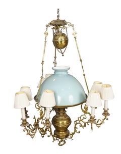 Antique French Brass Sphinx Celadon Glass Converted 9 Arm Oil Lamp Chandelier
