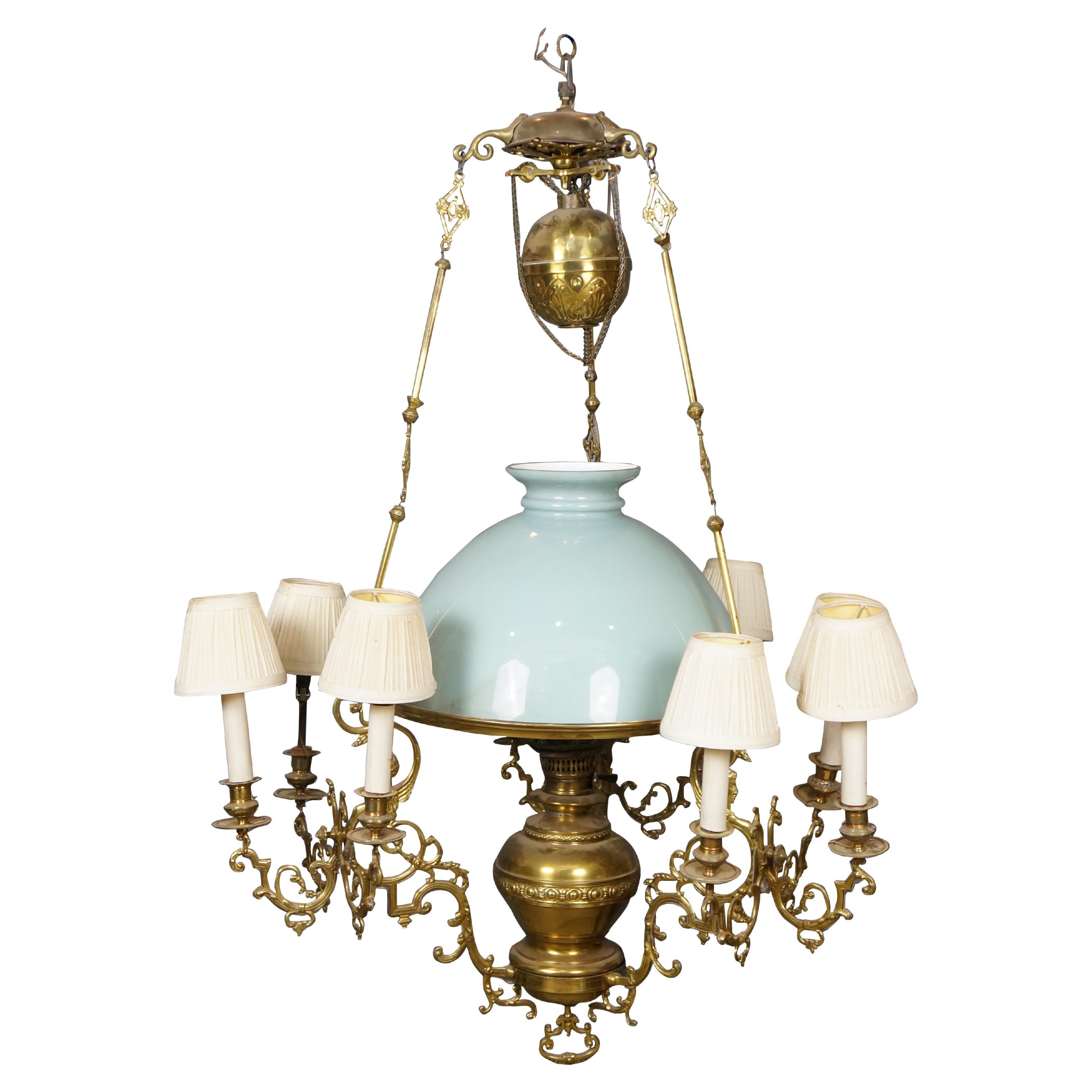 Antique French Brass Sphinx Celadon Glass Converted 9 Arm Oil Lamp Chandelier