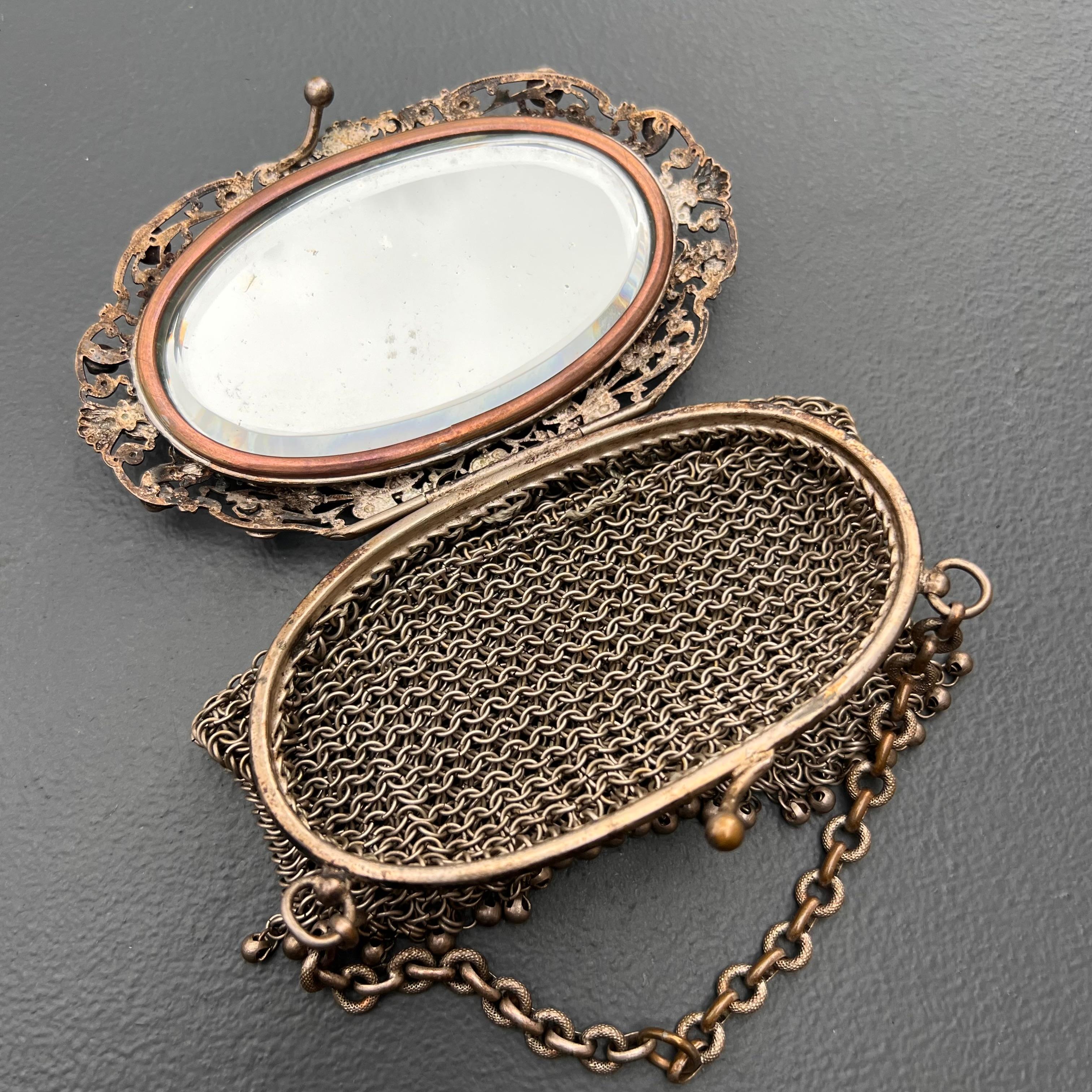 Antique French Bresse Enamel Butterfly Chatelaine Mesh Coin Purse For Sale 3