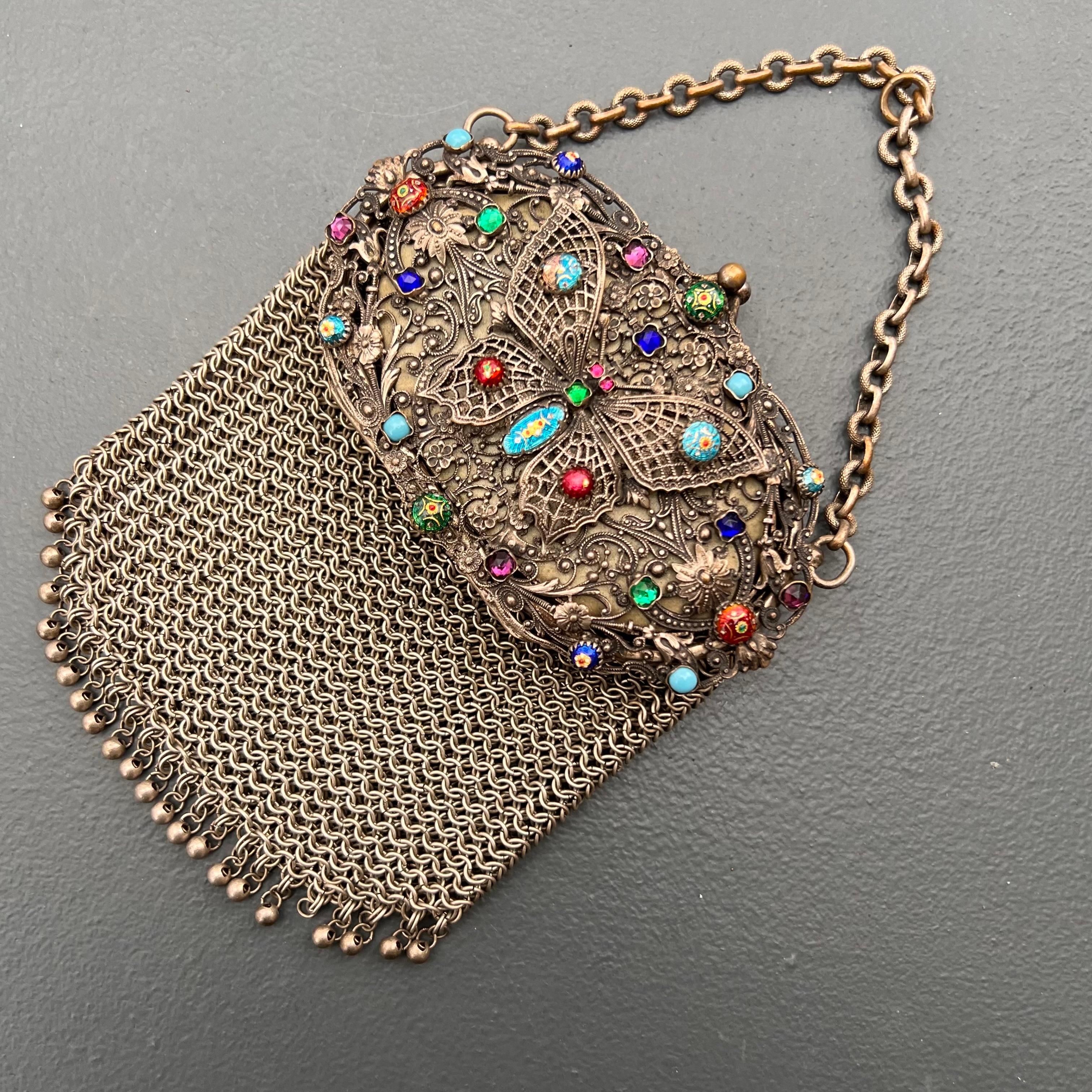Antique French Bresse Enamel Butterfly Chatelaine Mesh Coin Purse 5