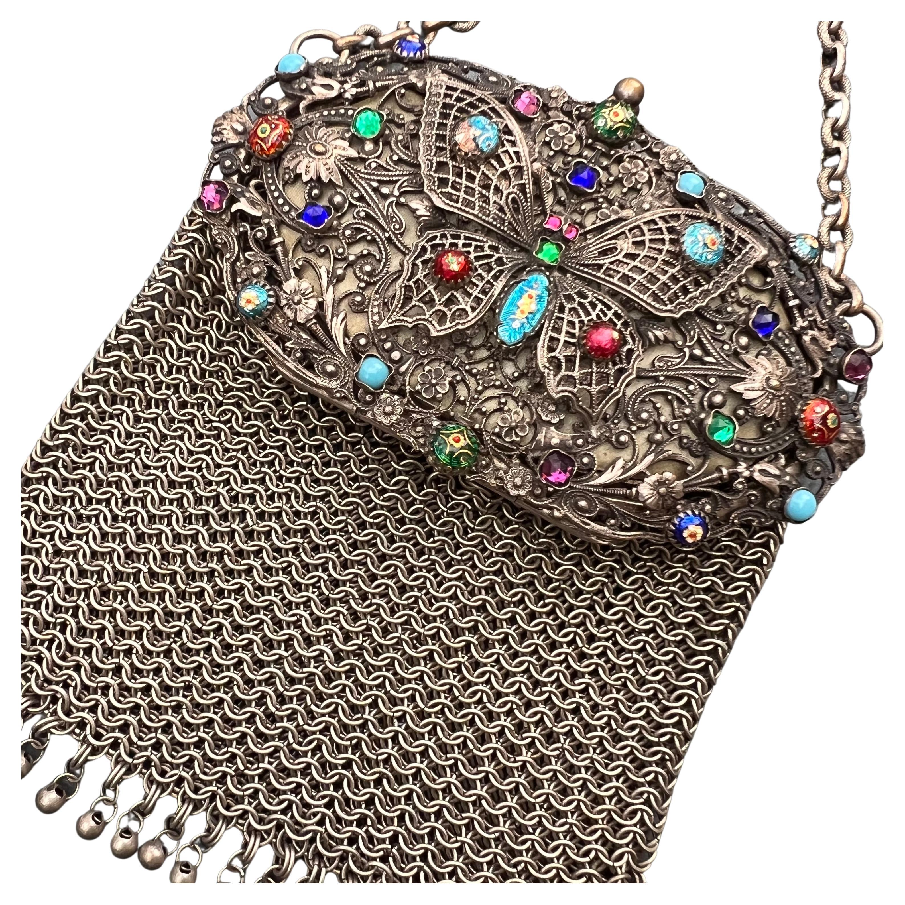 Antike französische Bresse Emaille Schmetterling Chatelaine Mesh Münztasche aus Mesh