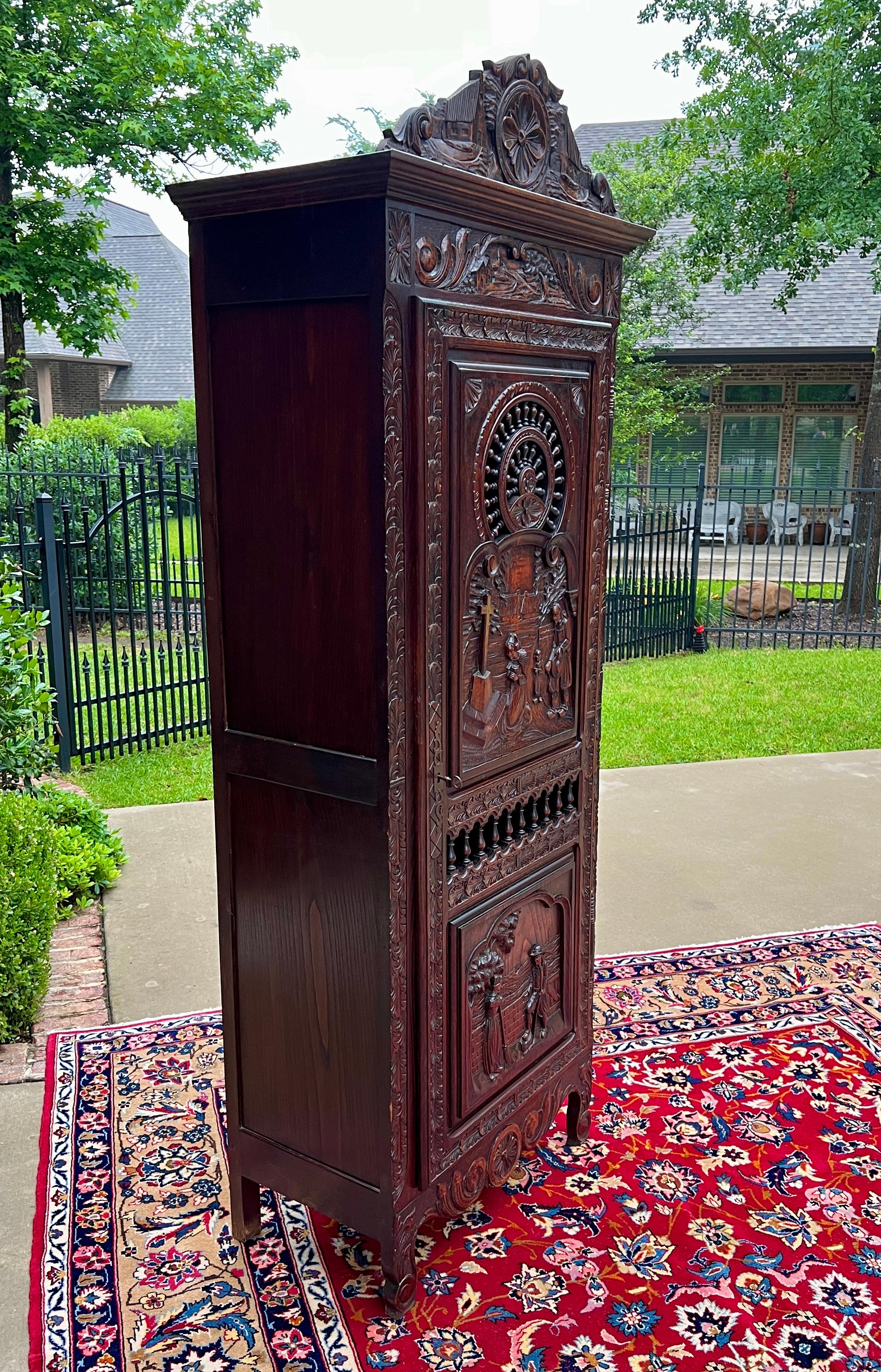Carved Antique French Breton Antique French Breton Armoire Wardrobe Cabinet Linen 19thC