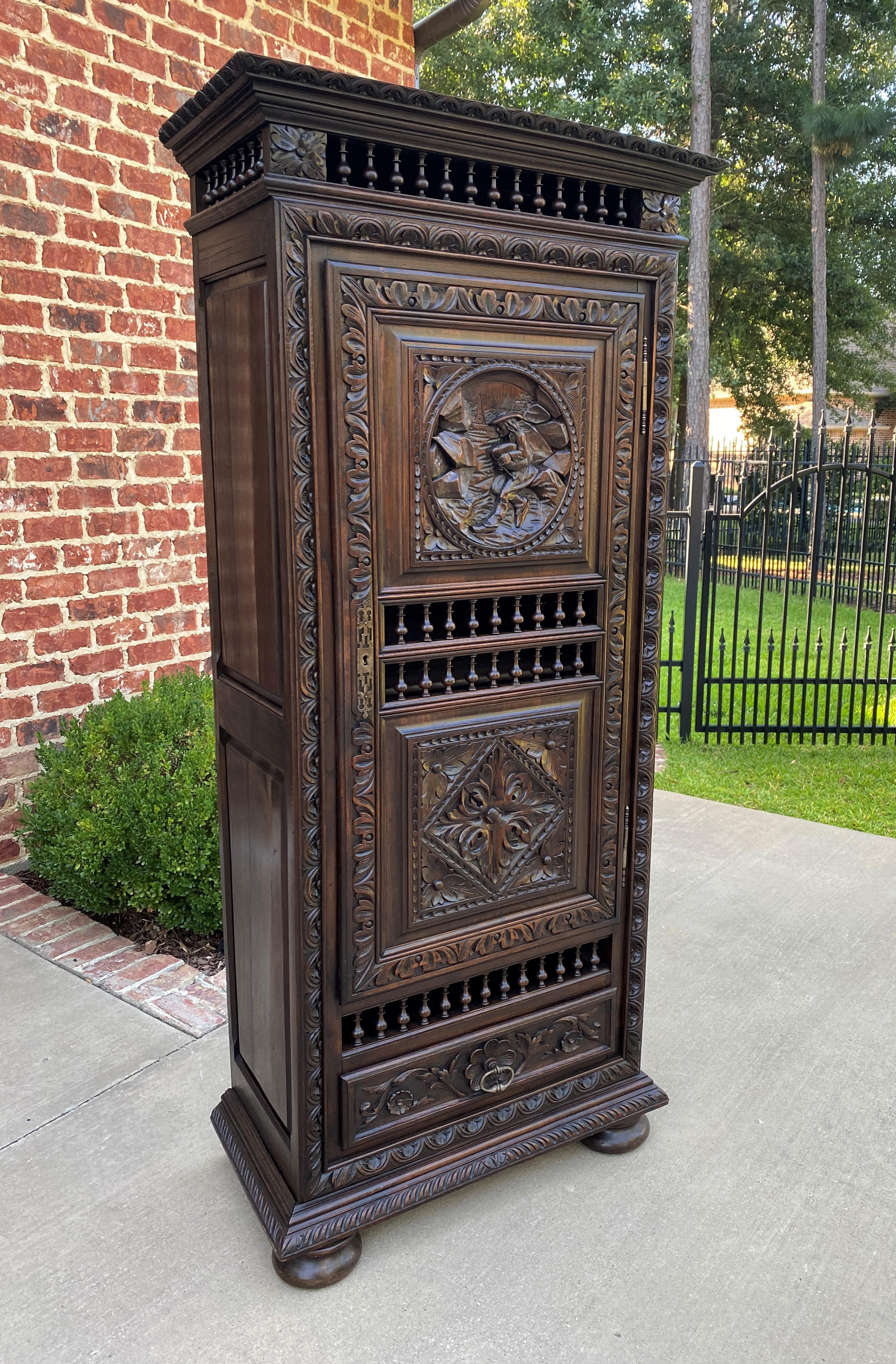 Carved Antique French Breton Armoire Wardrobe Bookcase with Drawer Cabinet Linen Closet