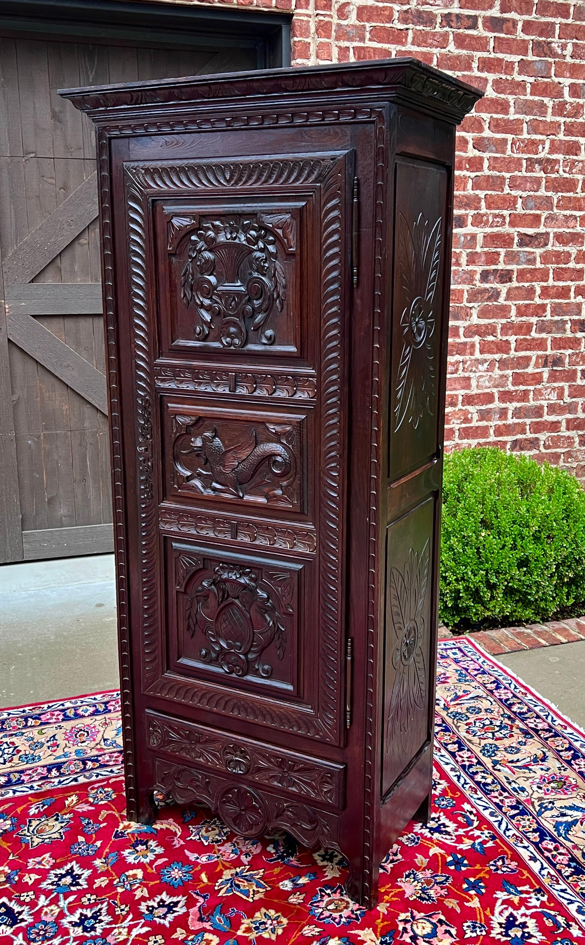 Carved Antique French Breton Armoire Wardrobe Cabinet Linen Closet Chestnut c. 1900-20s For Sale
