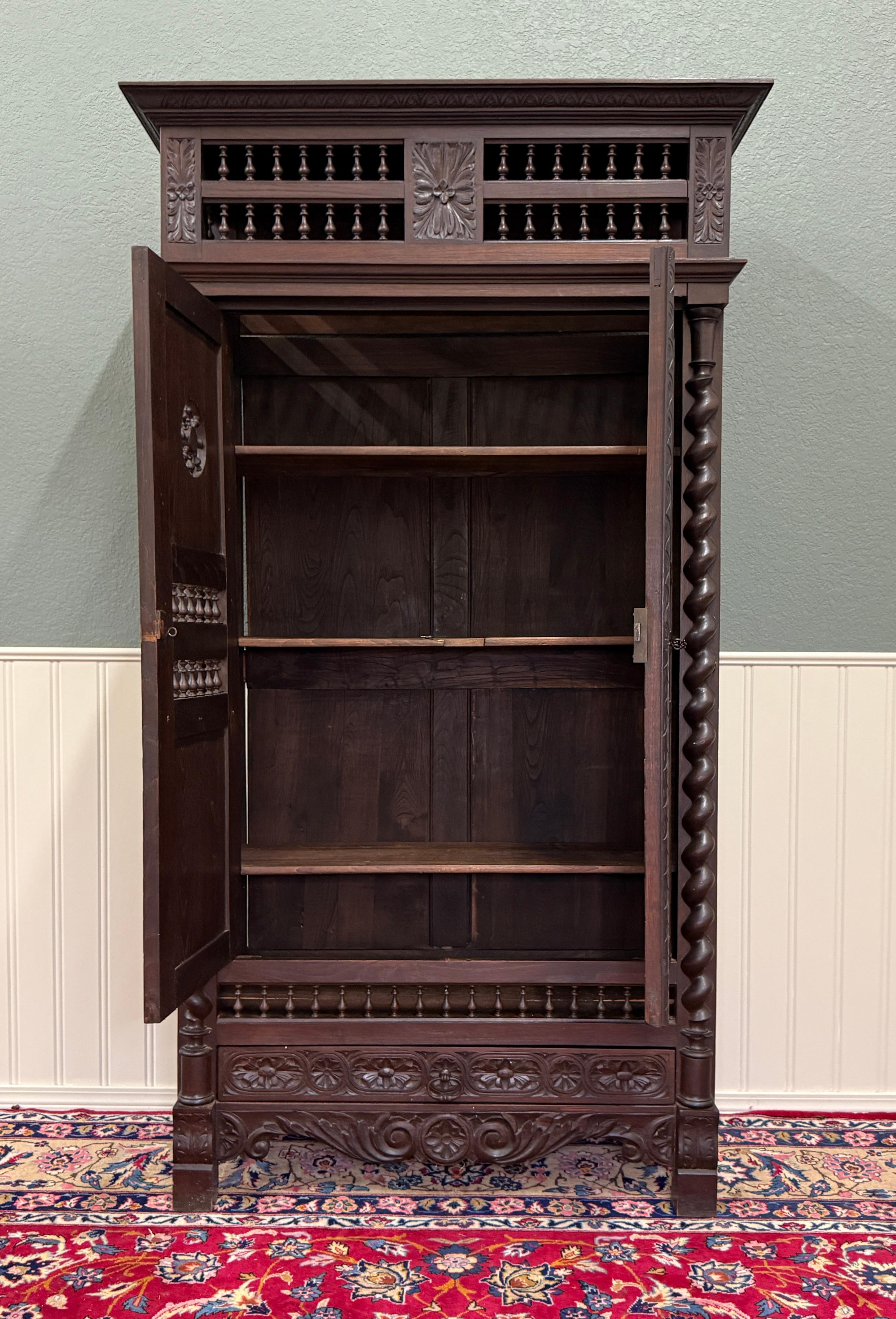 Antique French Breton Armoire Wardrobe Linen Cabinet Barley Twist Chestnut 19C For Sale 5
