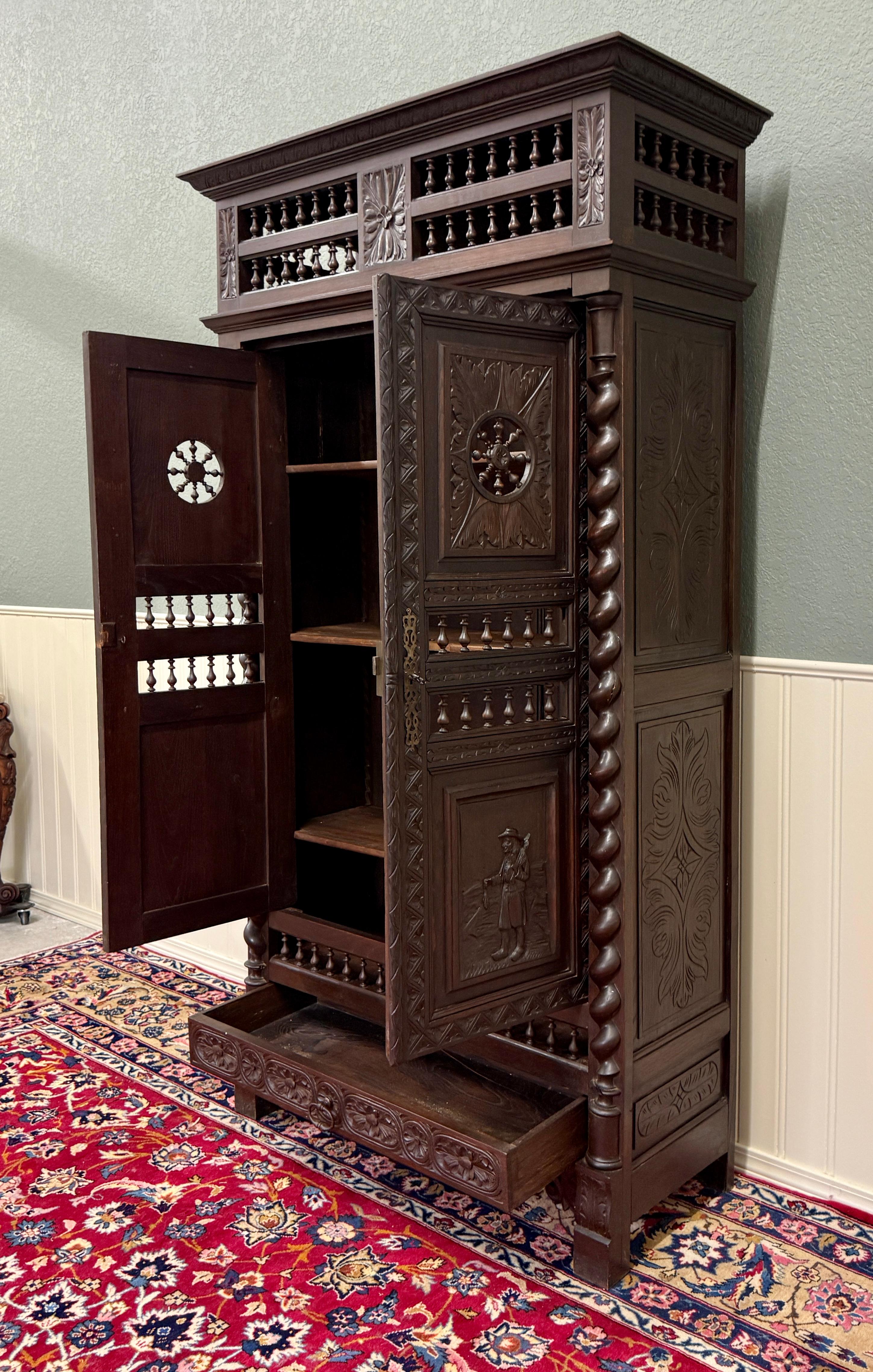 Antique French Breton Armoire Wardrobe Linen Cabinet Barley Twist Chestnut 19C For Sale 6