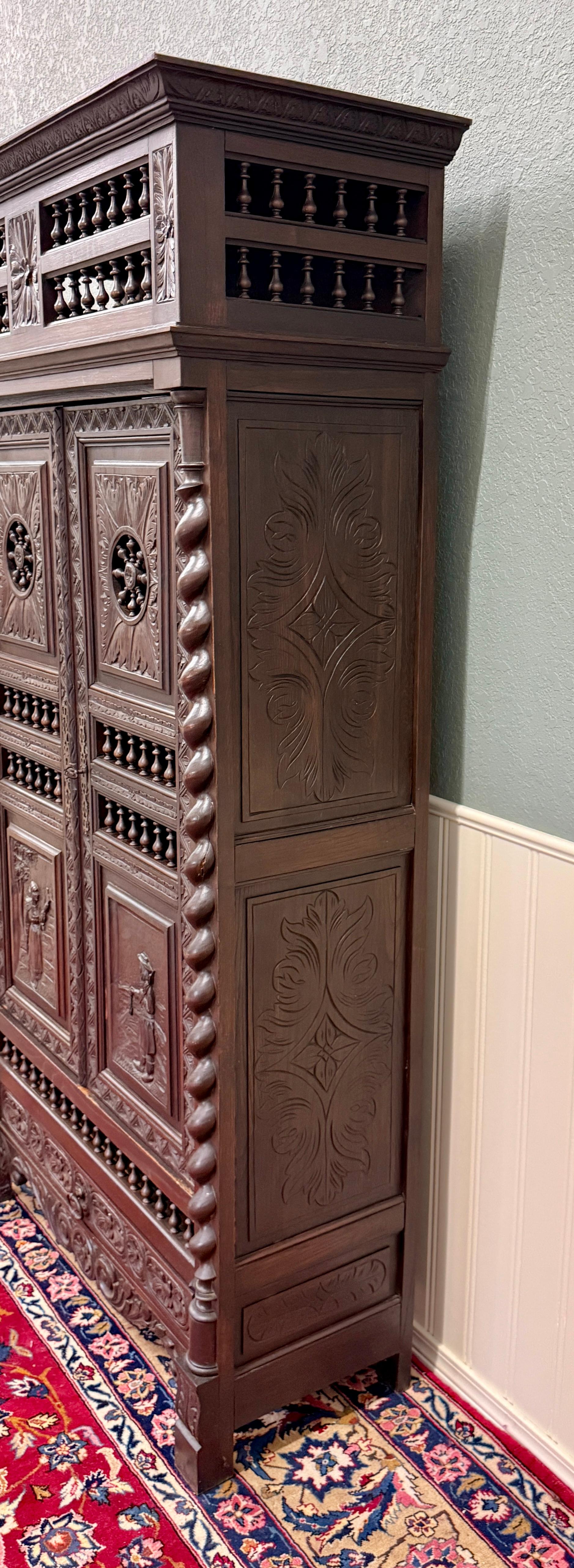 Antique French Breton Armoire Wardrobe Linen Cabinet Barley Twist Chestnut 19C For Sale 7