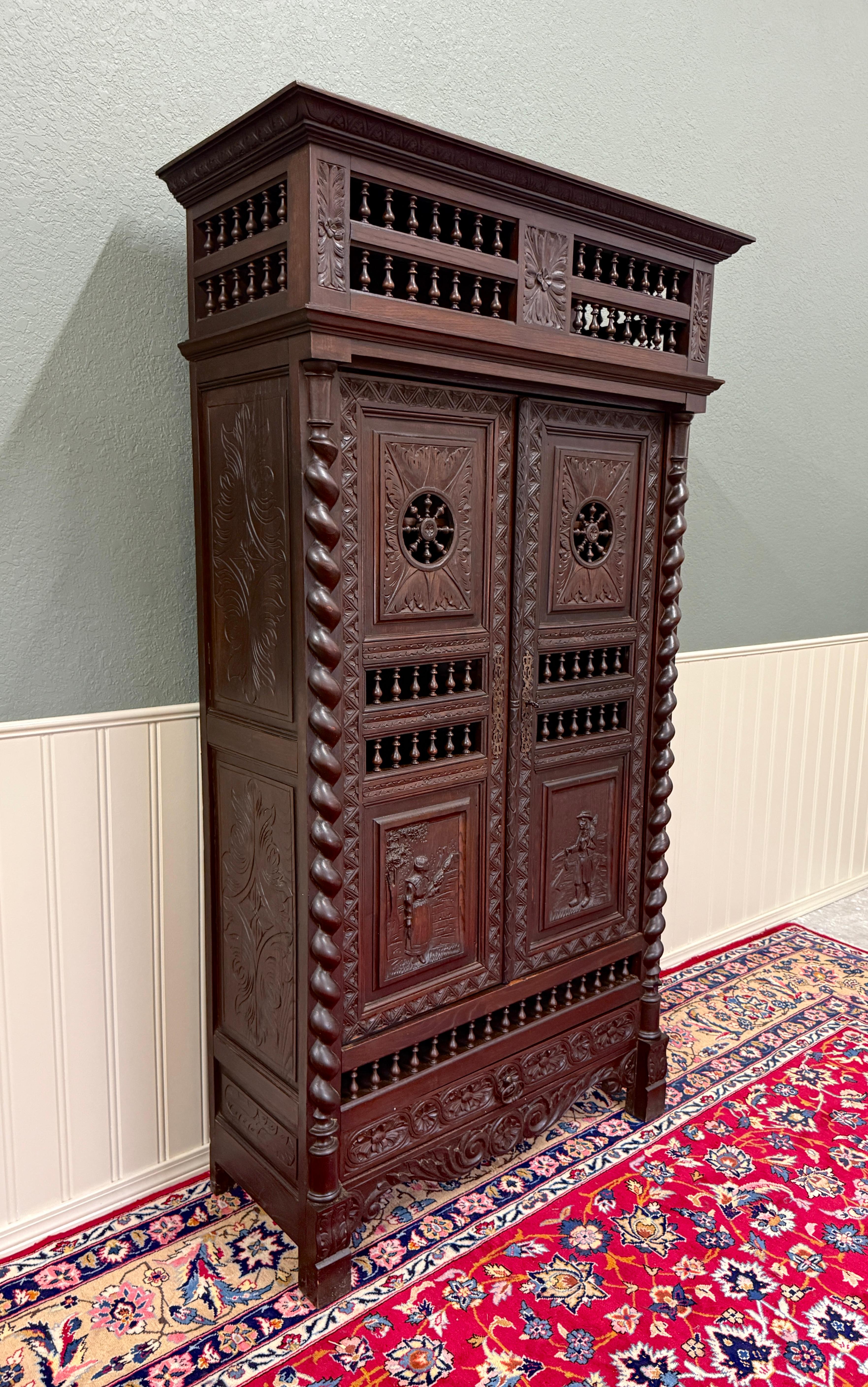 Antique French Breton Armoire Wardrobe Linen Cabinet Barley Twist Chestnut 19C For Sale 10