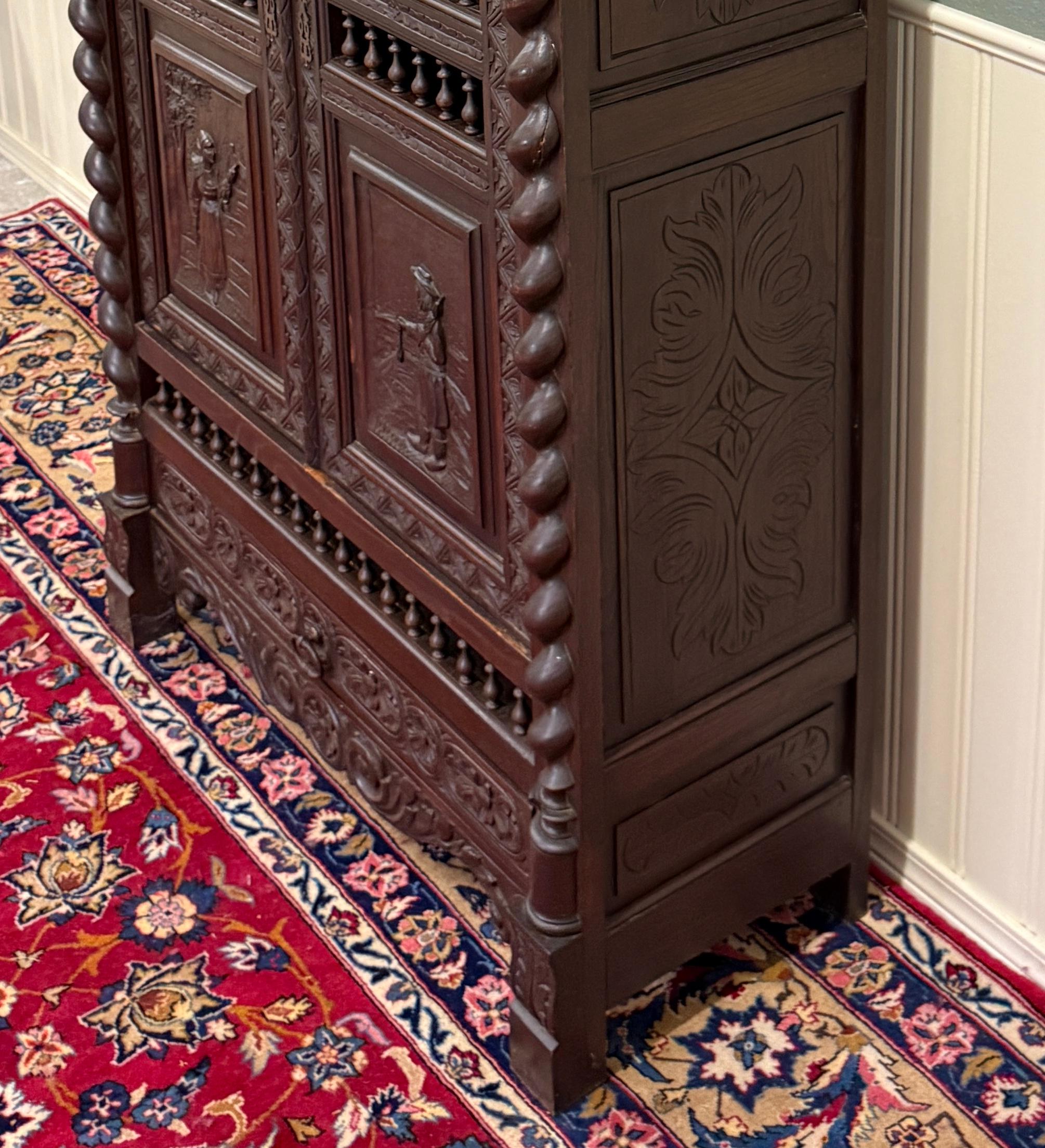 Antique French Breton Armoire Wardrobe Linen Cabinet Barley Twist Chestnut 19C For Sale 11