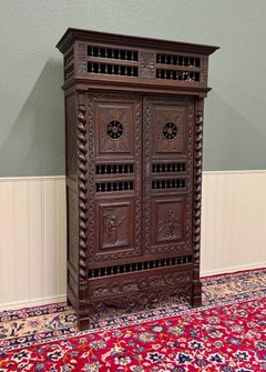Antique French Breton Armoire Wardrobe Linen Cabinet Barley Twist Chestnut 19C