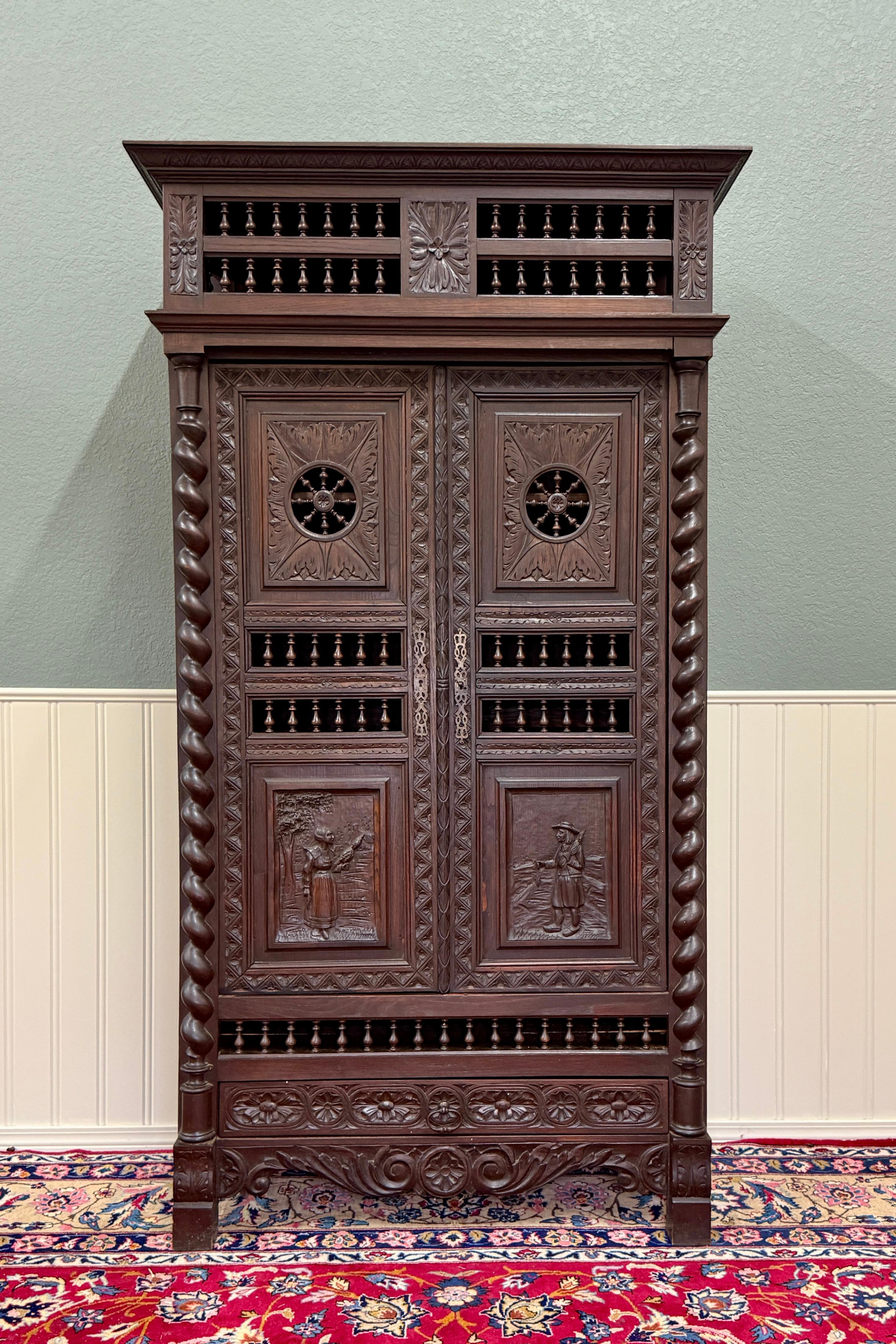 French Provincial Antique French Breton Armoire Wardrobe Linen Cabinet Barley Twist Chestnut 19C For Sale