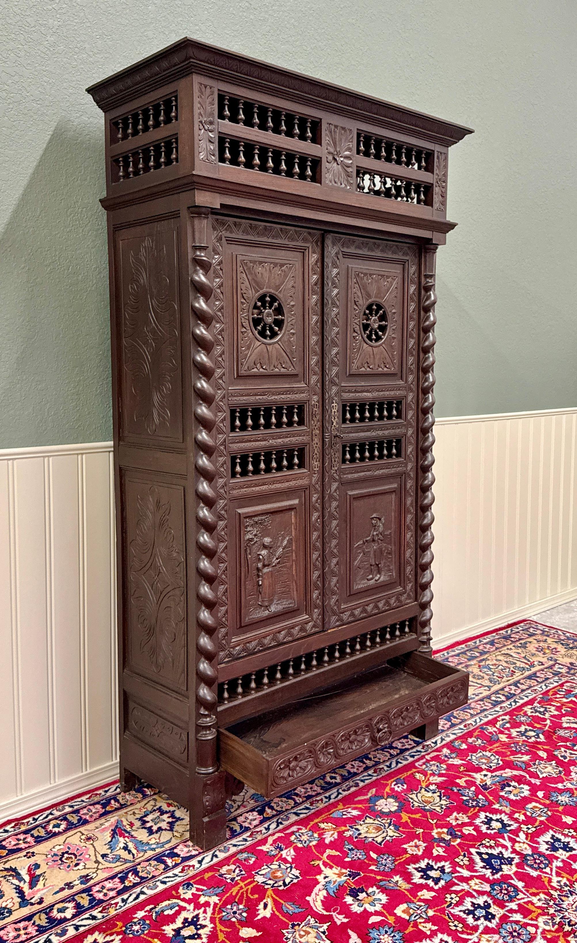 Carved Antique French Breton Armoire Wardrobe Linen Cabinet Barley Twist Chestnut 19C For Sale